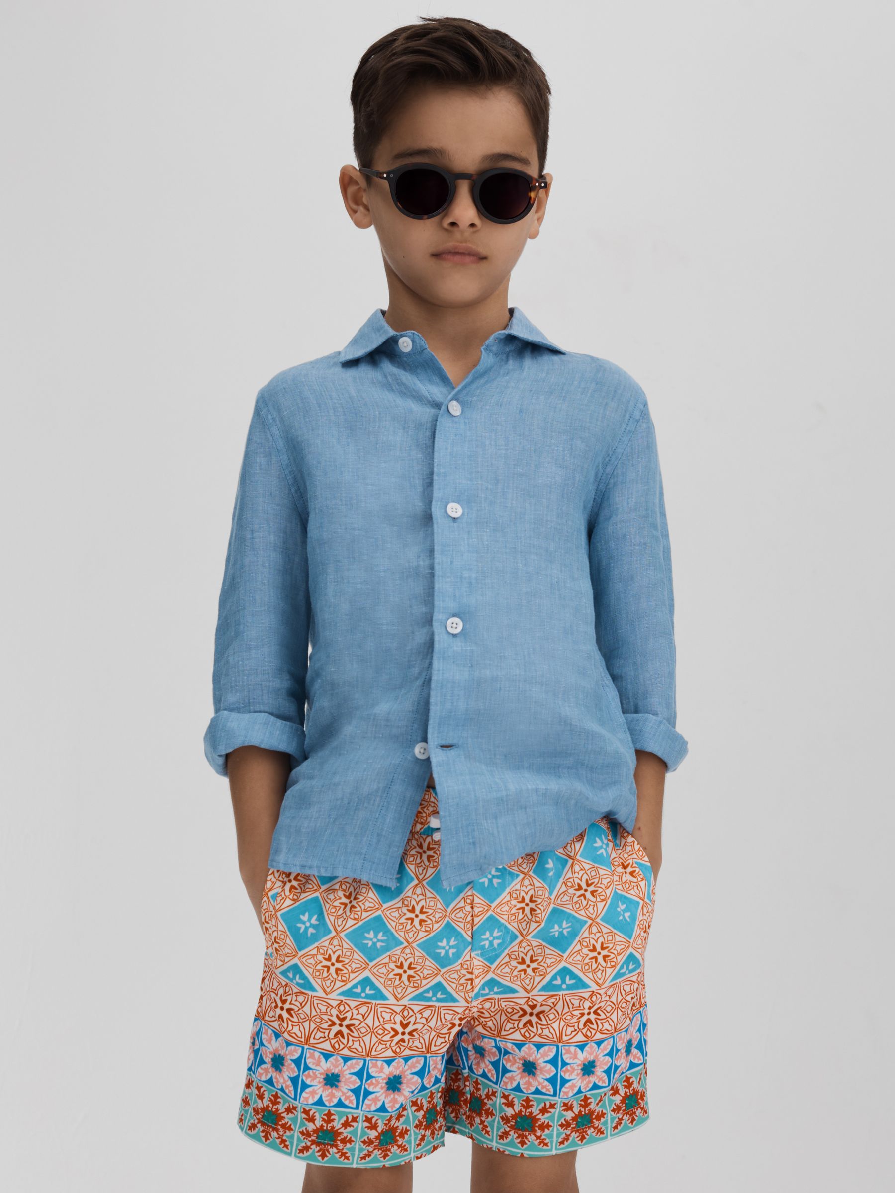 Teen Floral Tile Print Drawstring Swim Shorts in Orange Multi - Image 2 of 4