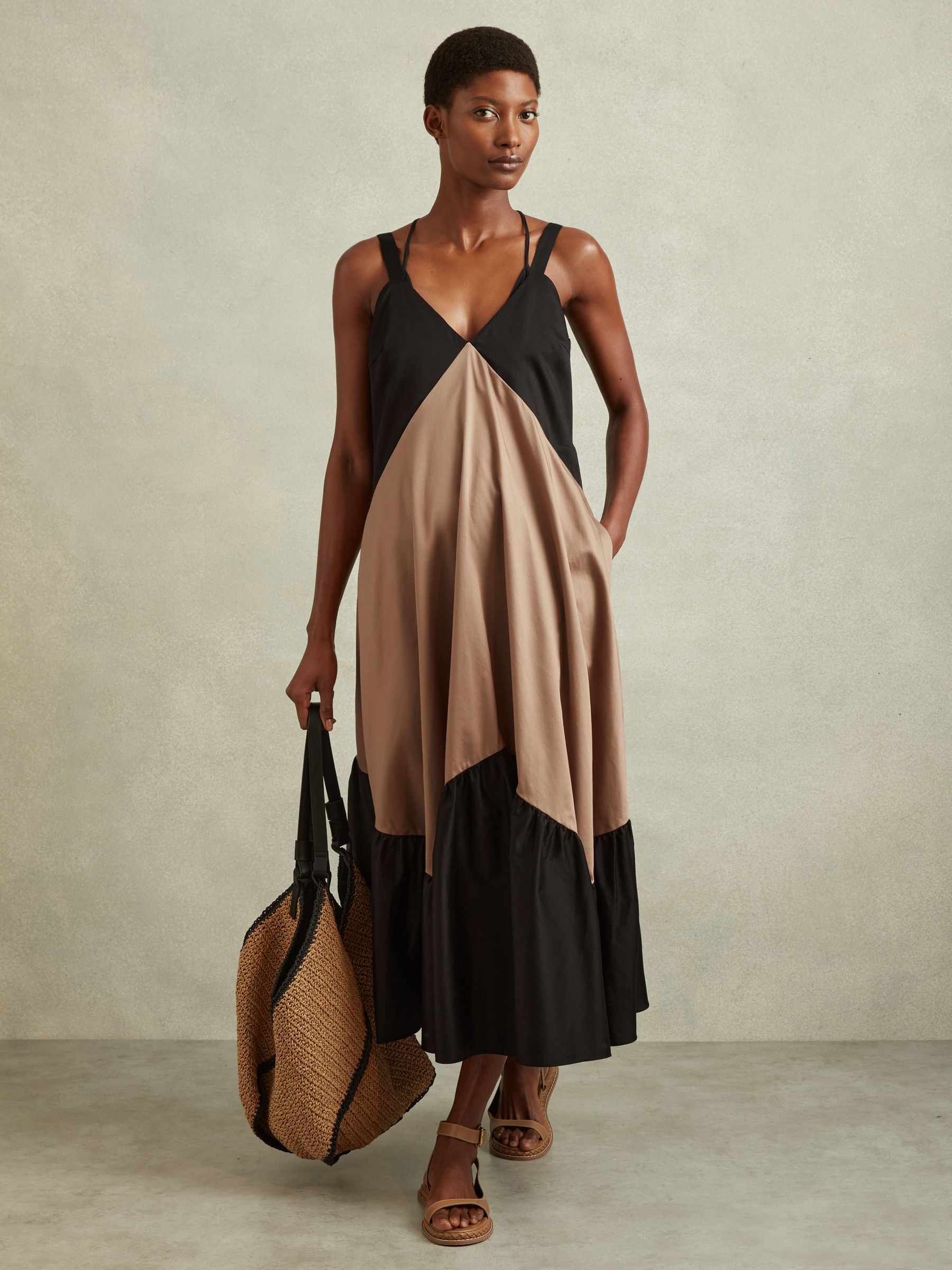 Cotton Colourblock Flounced Midi Dress in Brown/Black - Image 1 of 6