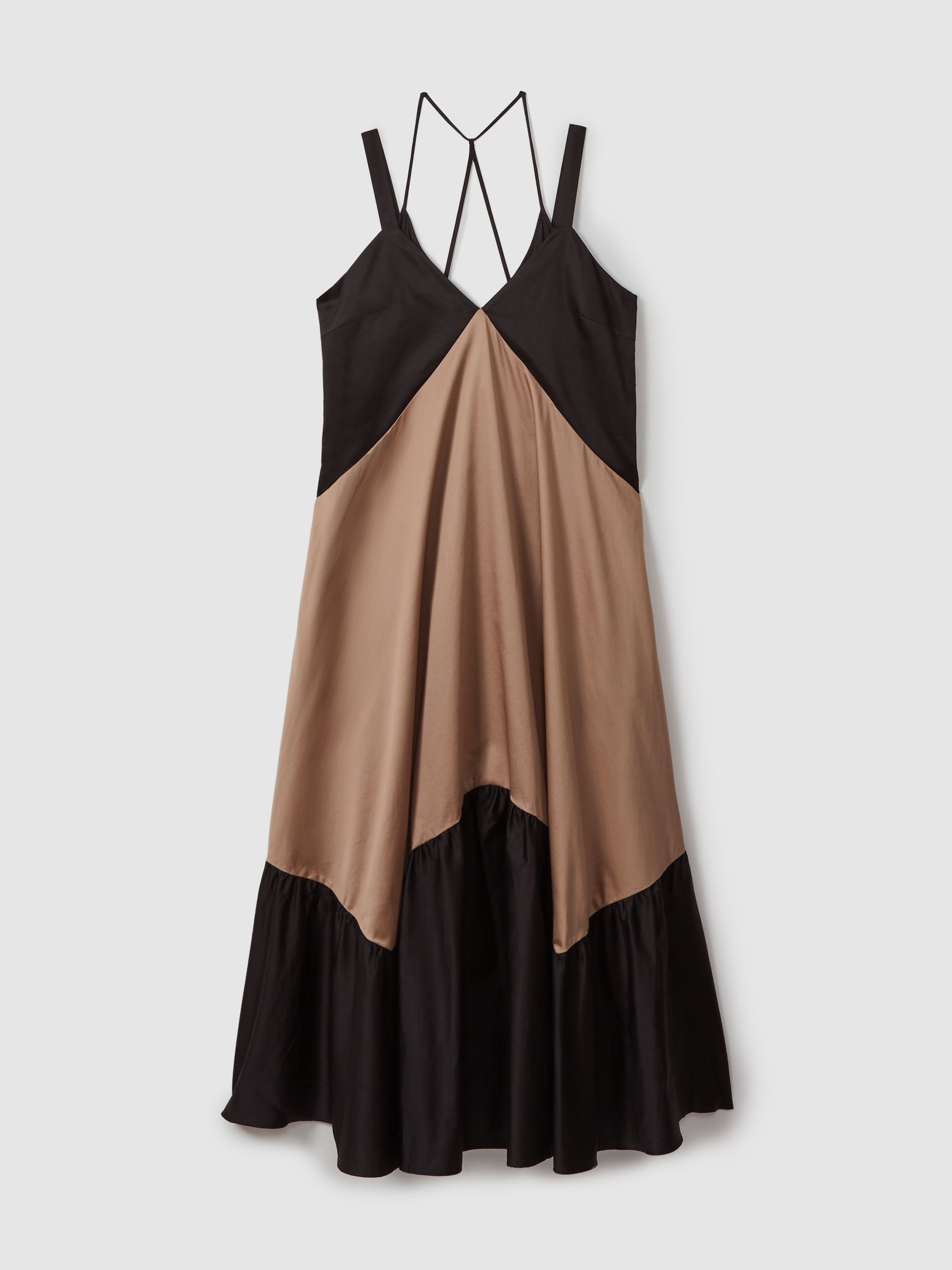 Cotton Colourblock Flounced Midi Dress in Brown/Black - Image 2 of 6