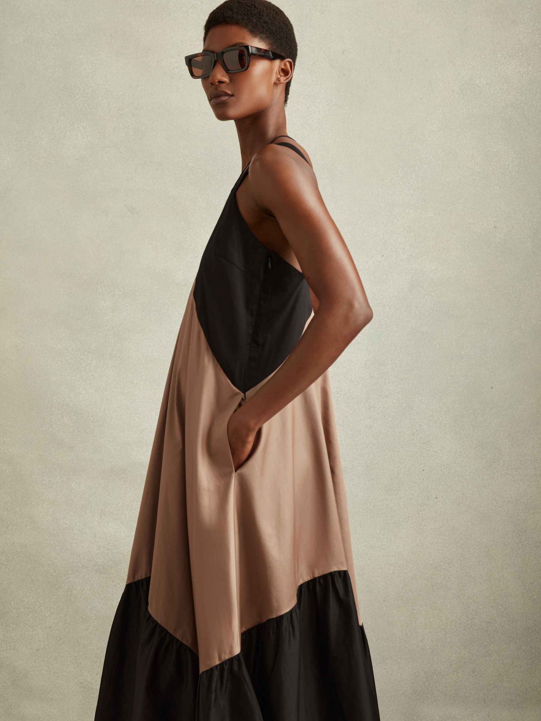 Cotton Colourblock Flounced Midi Dress in Brown/Black - Image 3 of 6