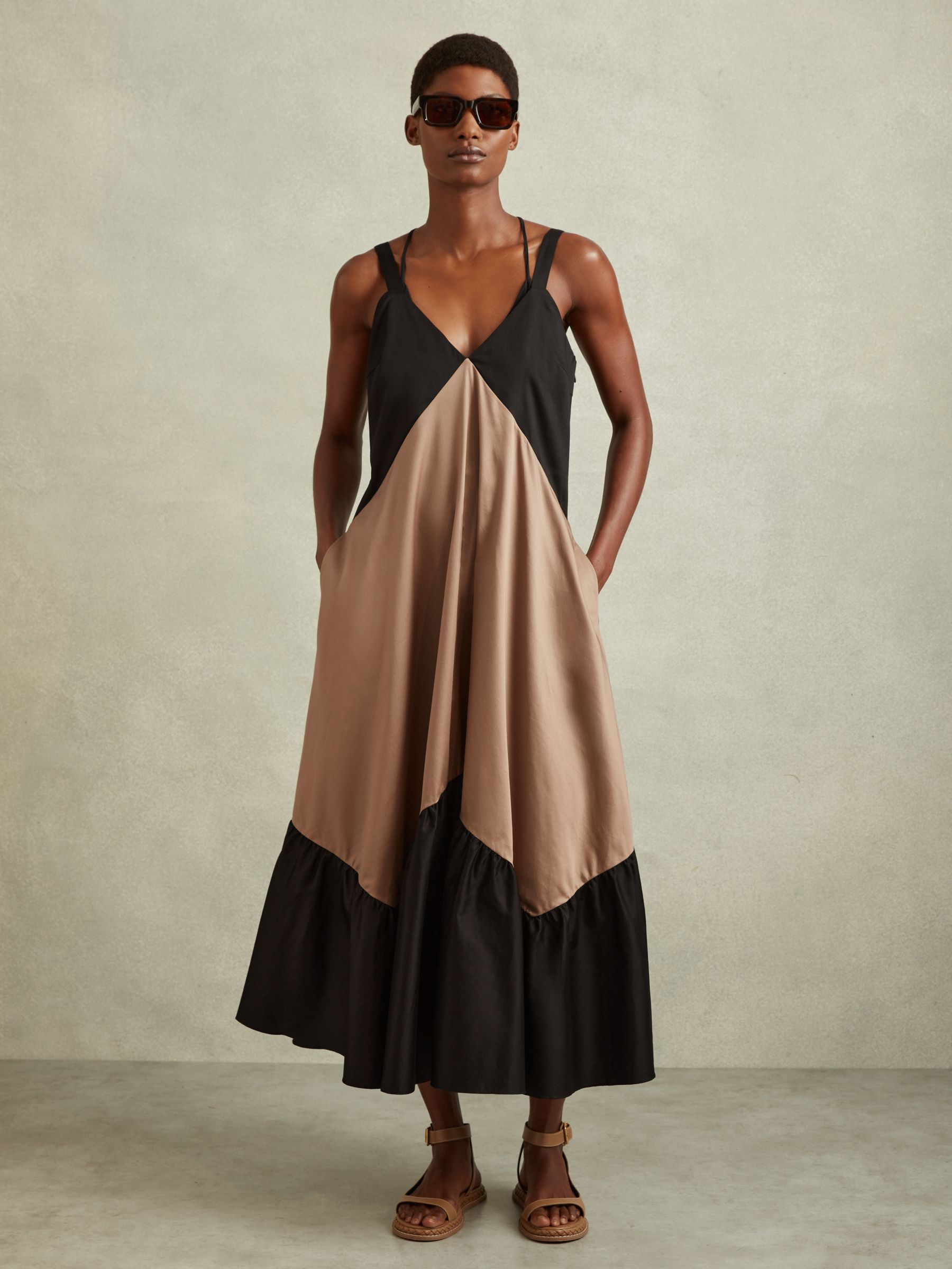 Cotton Colourblock Flounced Midi Dress in Brown/Black - Image 4 of 6