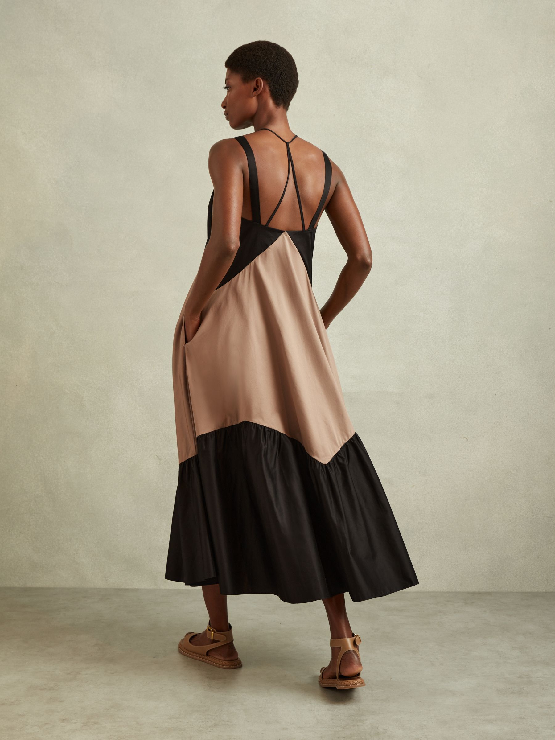 Cotton Colourblock Flounced Midi Dress in Brown/Black - Image 5 of 6