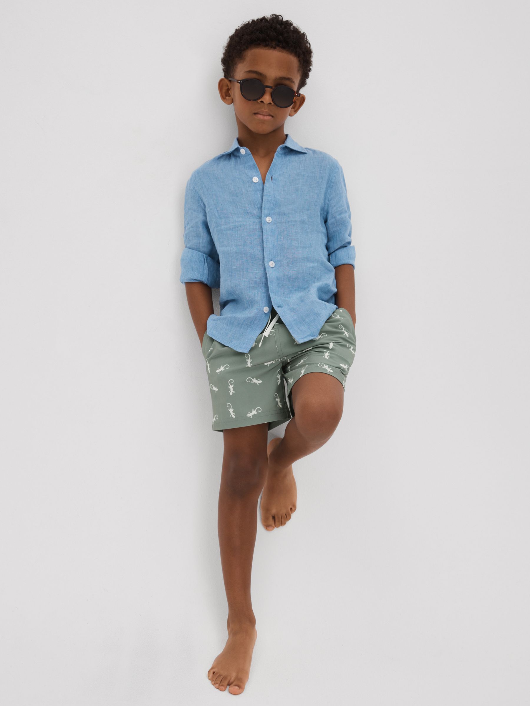 Teen Reptile Print Drawstring Swim Shorts in Sage/White - Image 2 of 4