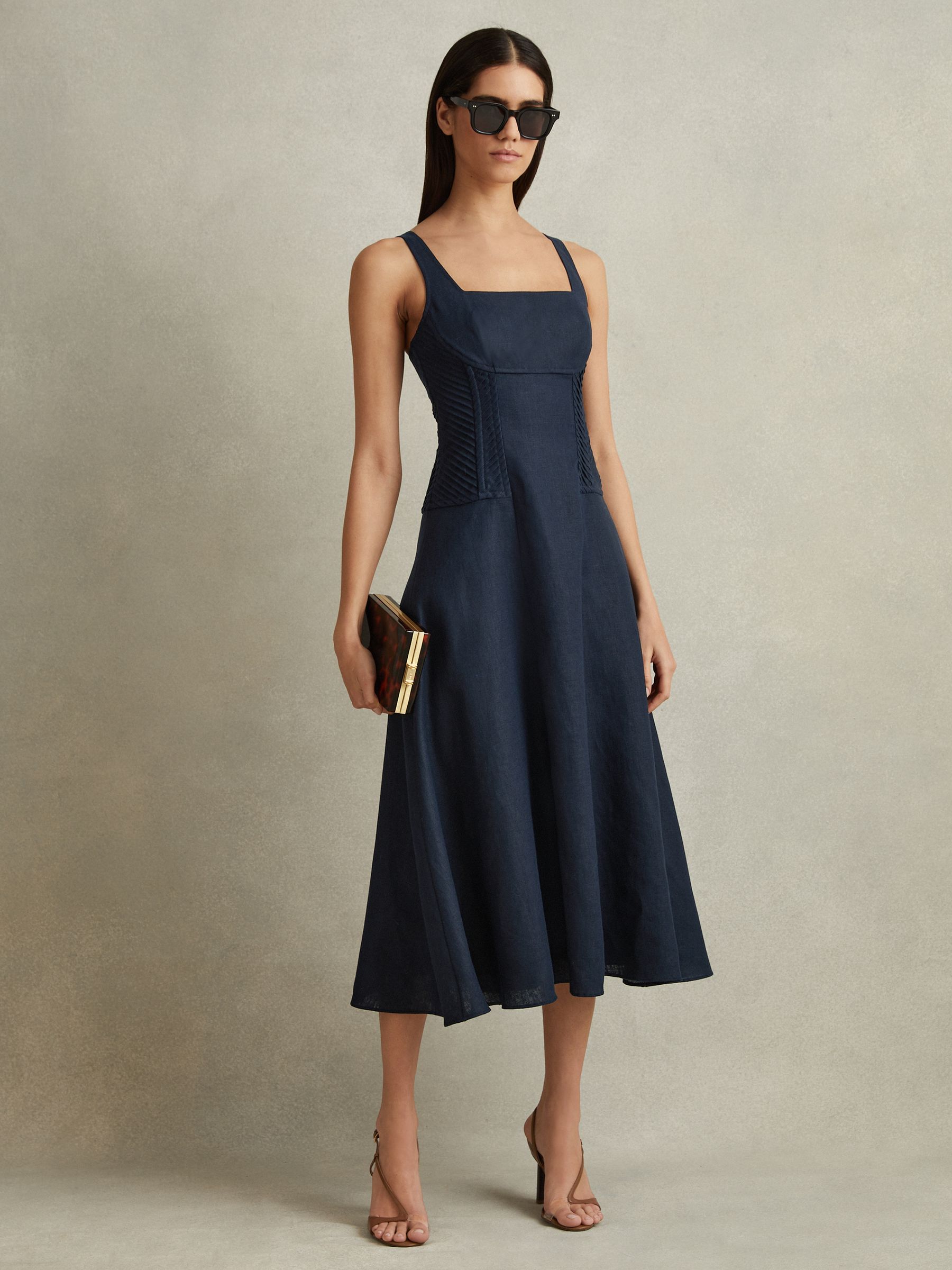 Etta Navy 100% Linen Corset Midi Dress - Image 1 of 5