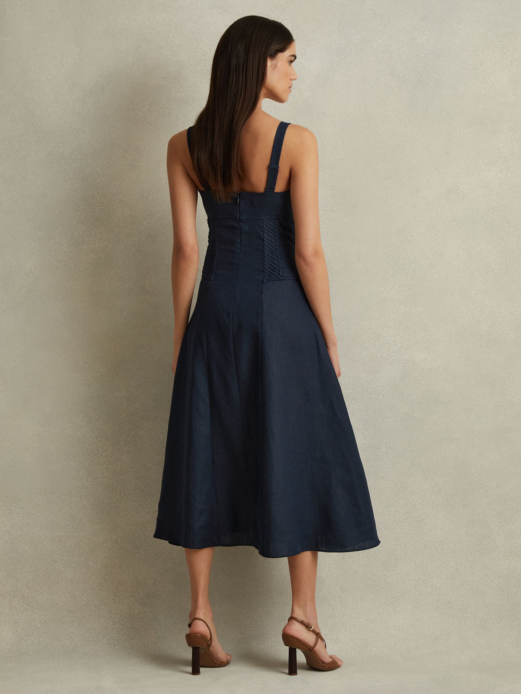 Etta Navy 100% Linen Corset Midi Dress - Image 4 of 5