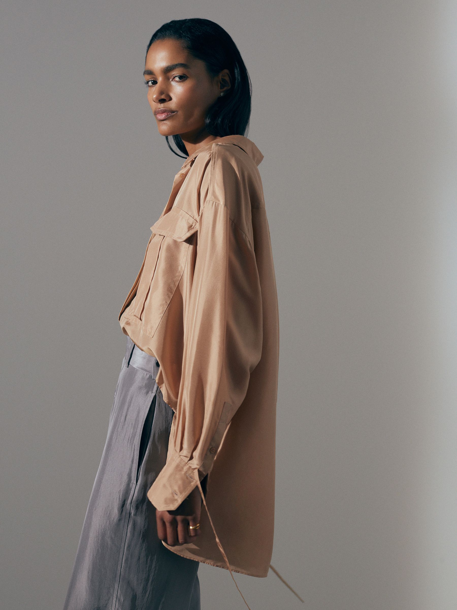 Atelier Oversized Pocket Button-Through Shirt in Camel - Image 1 of 6