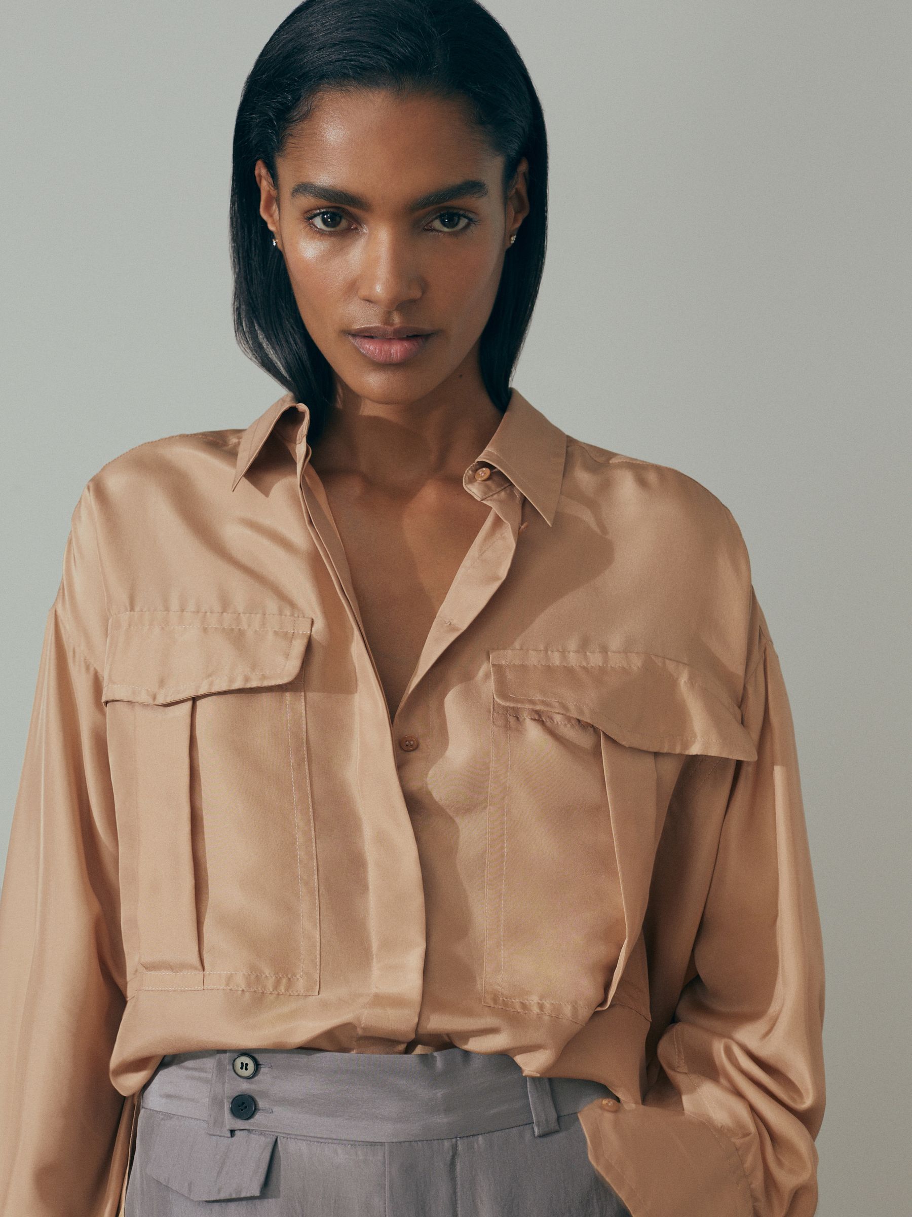Atelier Oversized Pocket Button-Through Shirt in Camel - Image 3 of 6