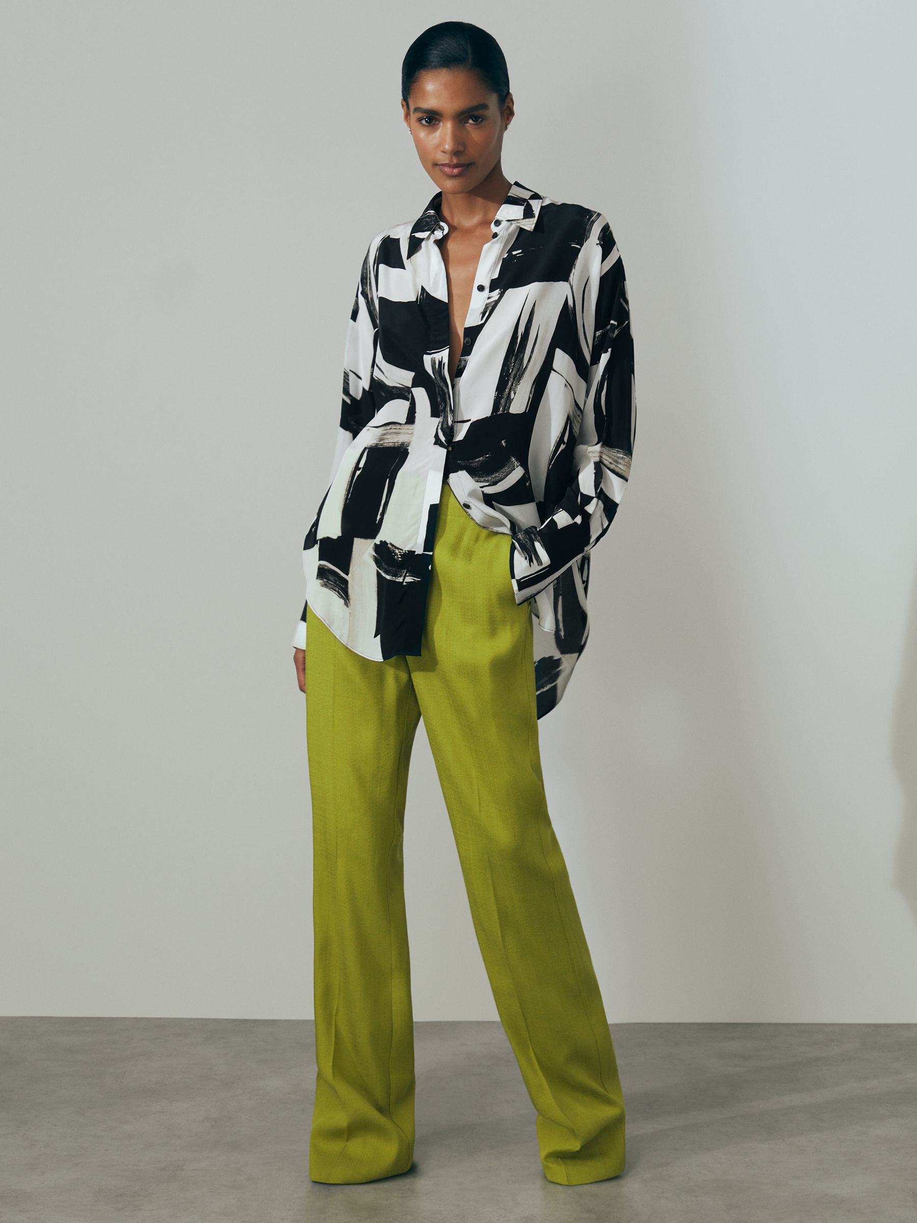 Atelier Italian Printed High-Low Shirt in White/Black - Image 1 of 5