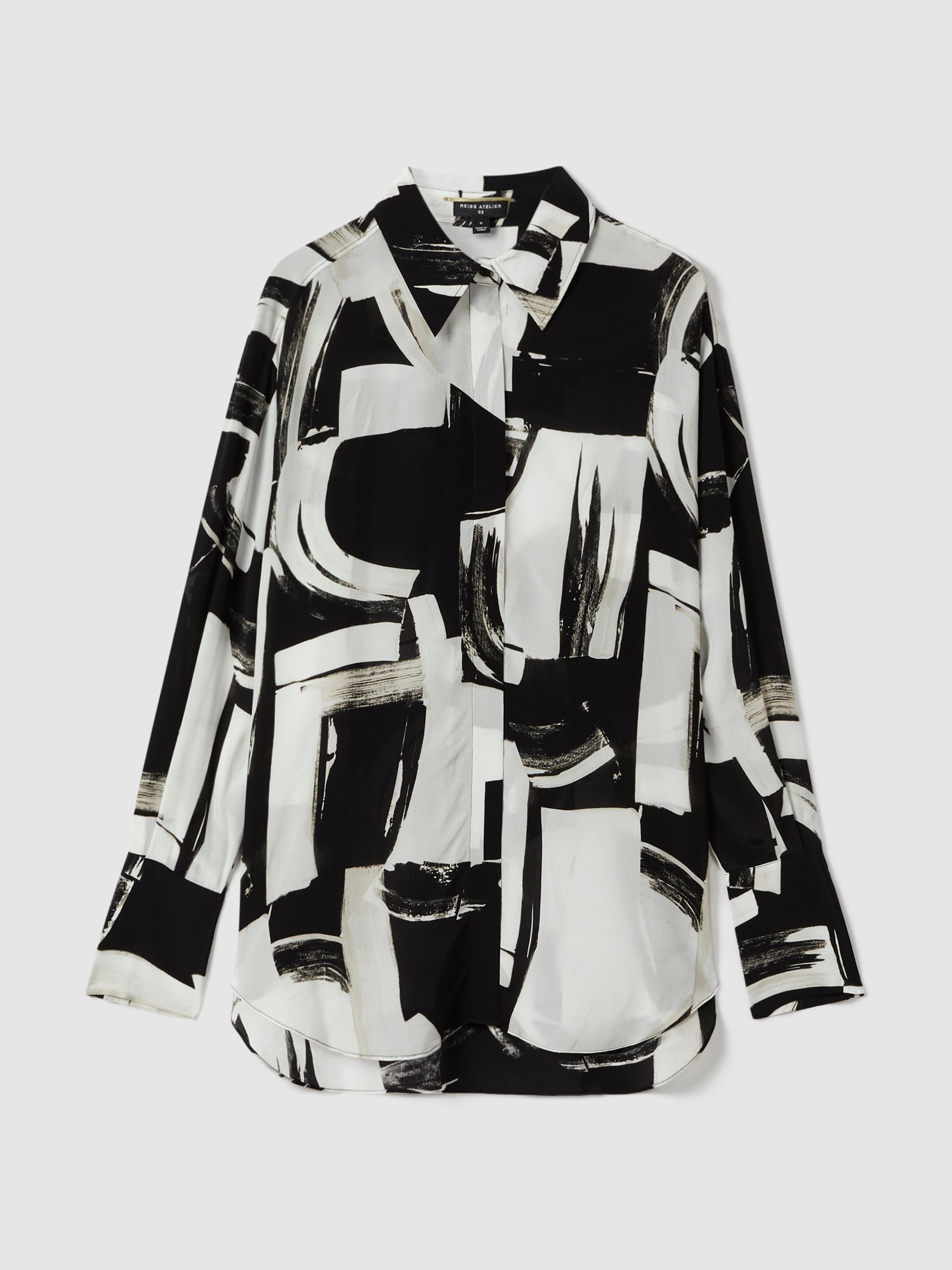 Atelier Italian Printed High-Low Shirt in White/Black - Image 5 of 5