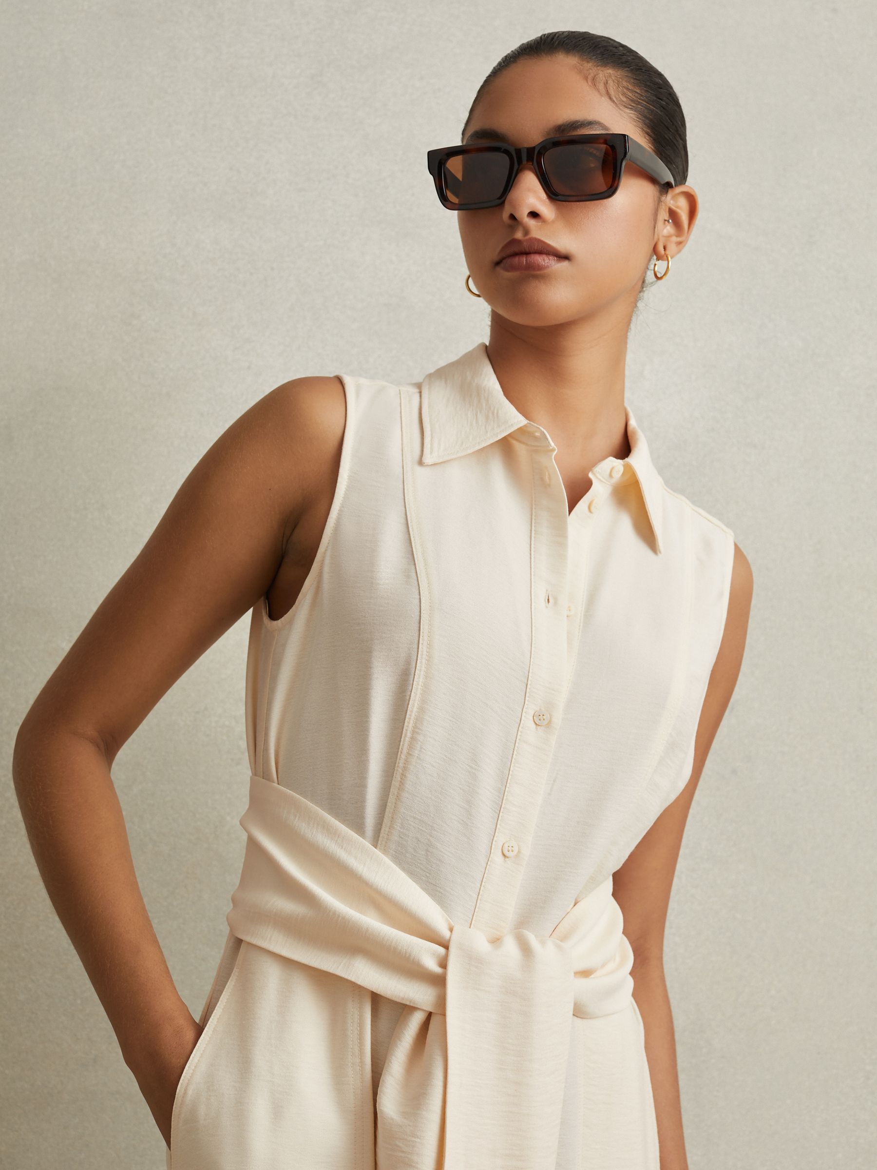 Viscose Blend Belted Shirt Dress in Cream - Image 3 of 6