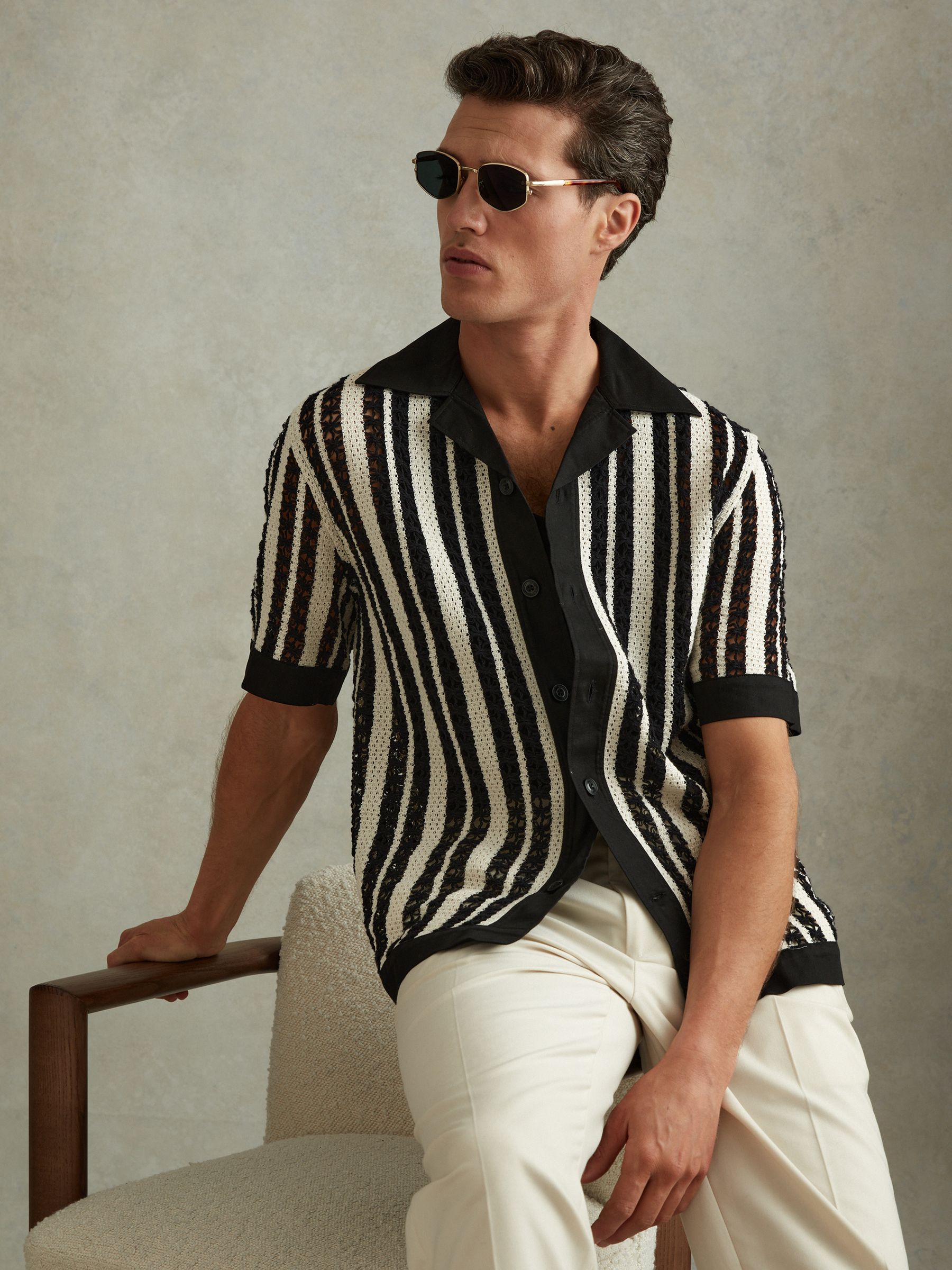 Crochet Cuban Collar Shirt in Black/Ecru - Image 1 of 5