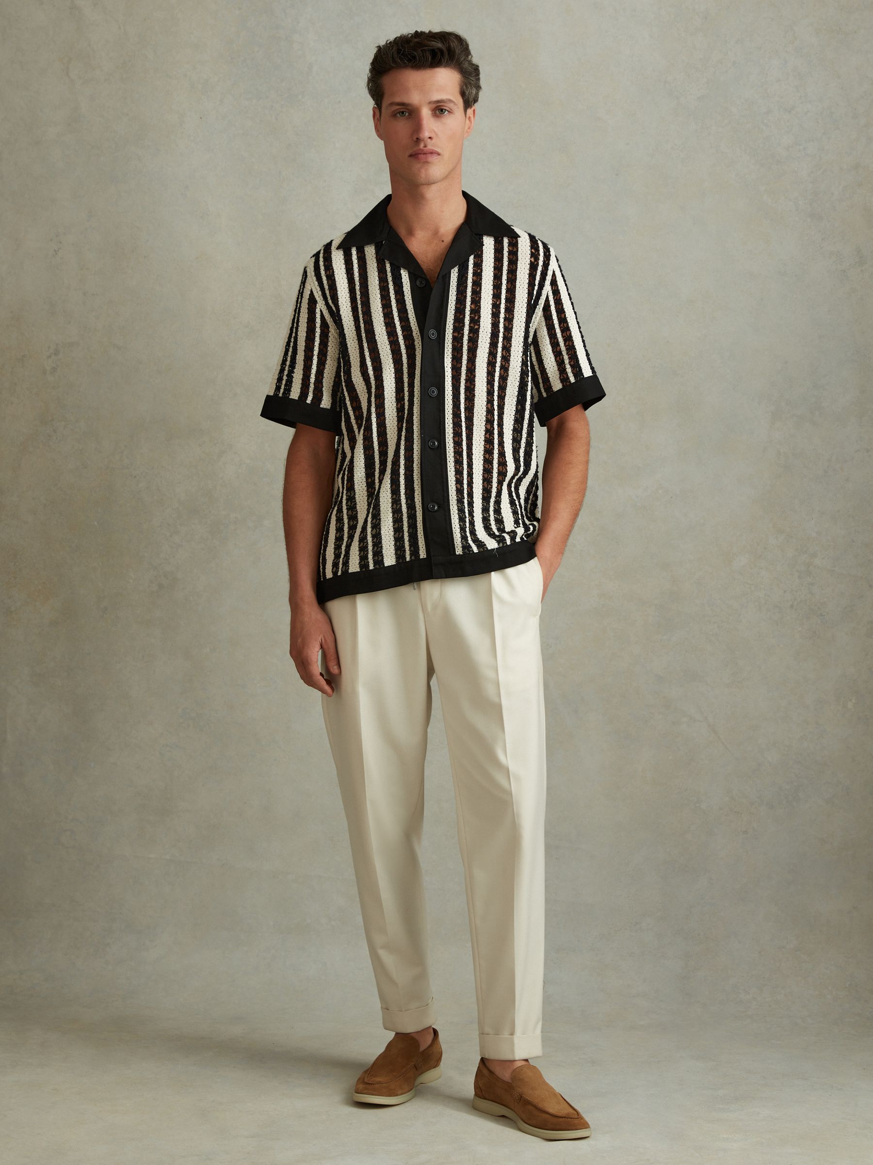 Crochet Cuban Collar Shirt in Black/Ecru - Image 3 of 5