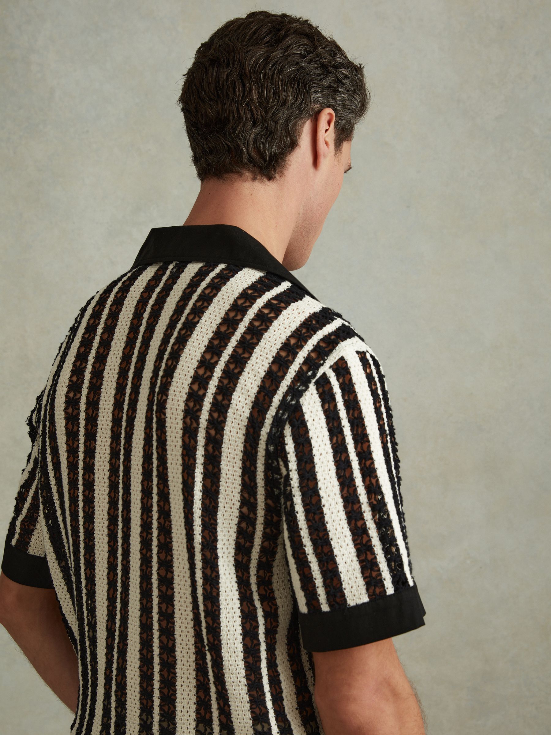 Crochet Cuban Collar Shirt in Black/Ecru - Image 4 of 5