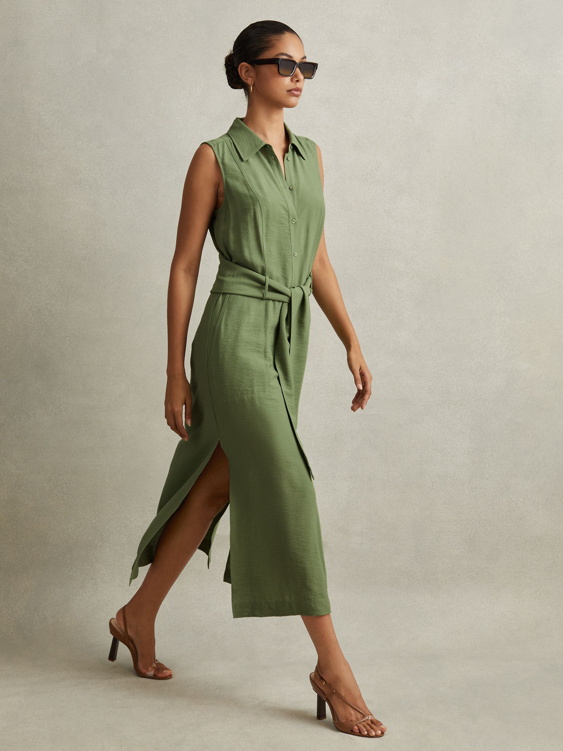 Petite Viscose Blend Belted Shirt Dress in Green - Image 1 of 7