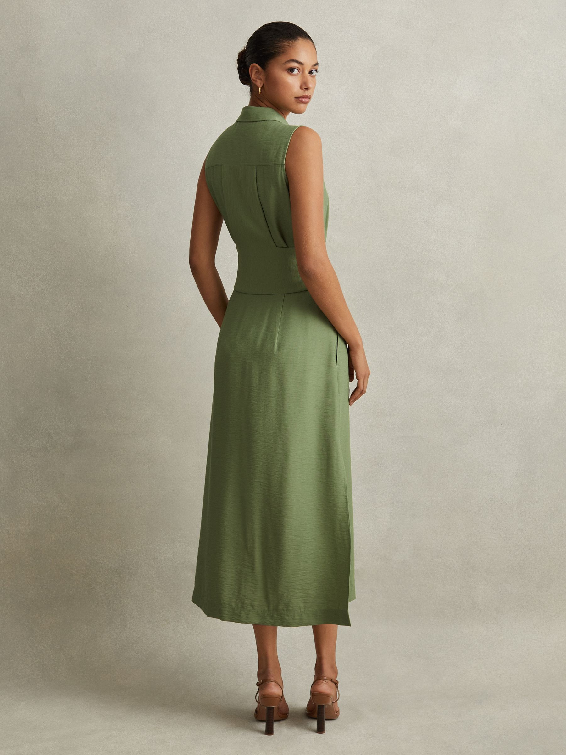 Petite Viscose Blend Belted Shirt Dress in Green - Image 5 of 7