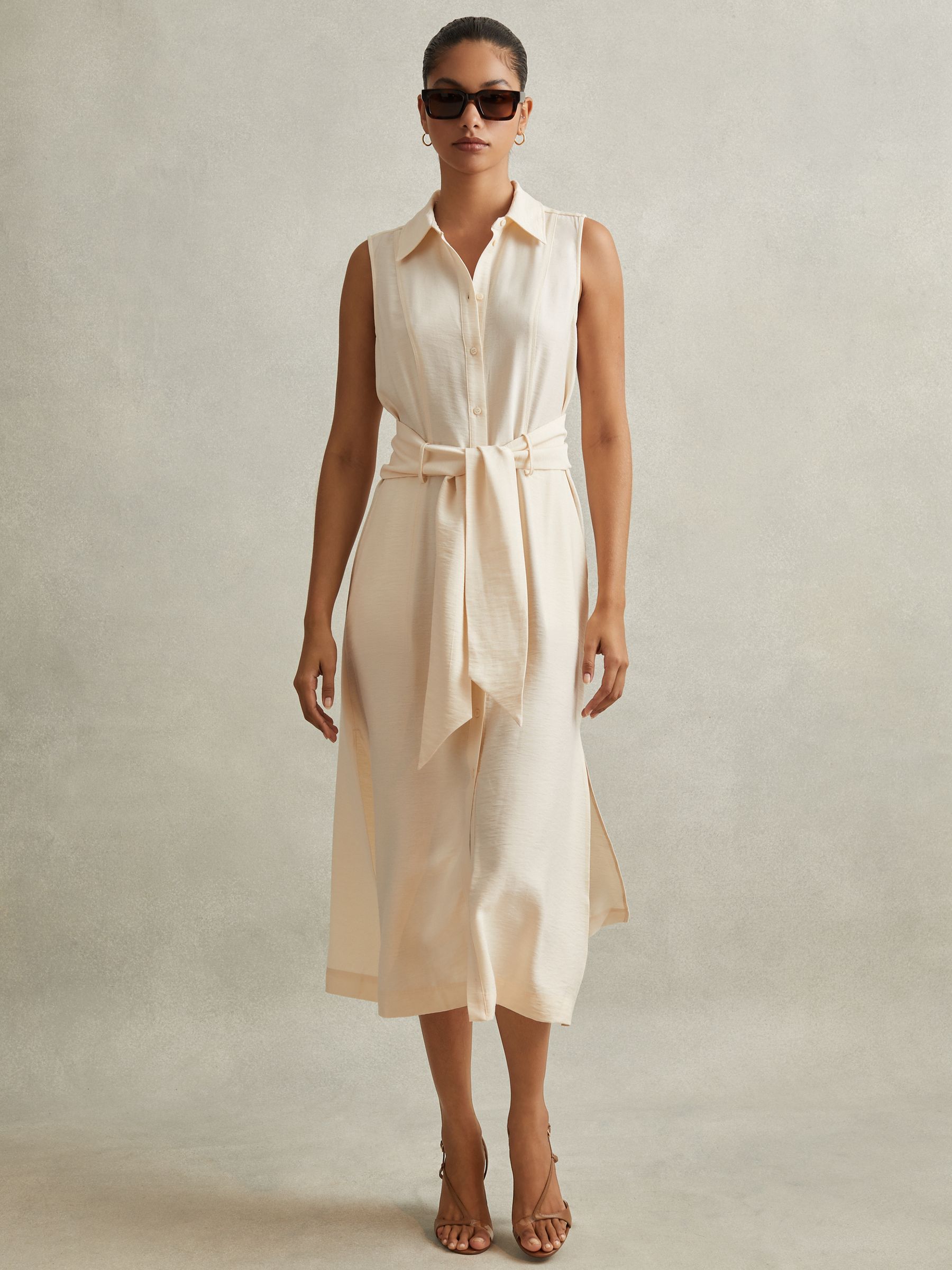 beige shirt dress 550-1 Midi shirtdress with gold buttons, ties and short sleeves - beige