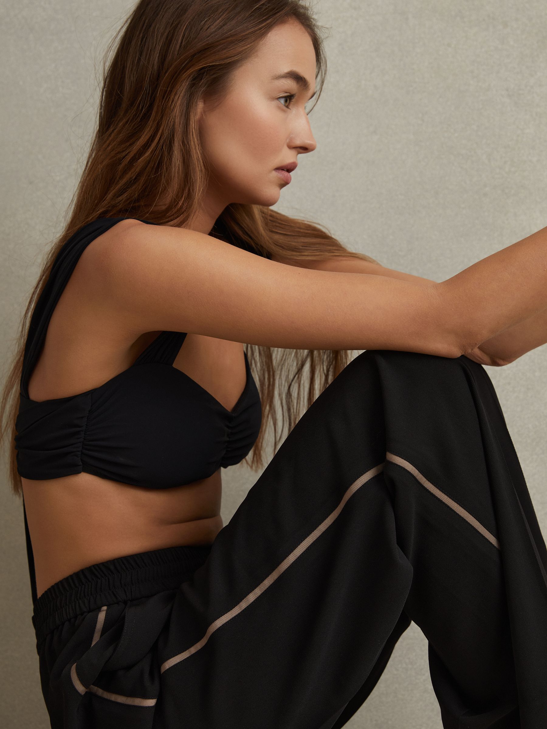 Petite Elasticated Side Stripe Wide Leg Trousers in Black - Image 3 of 8