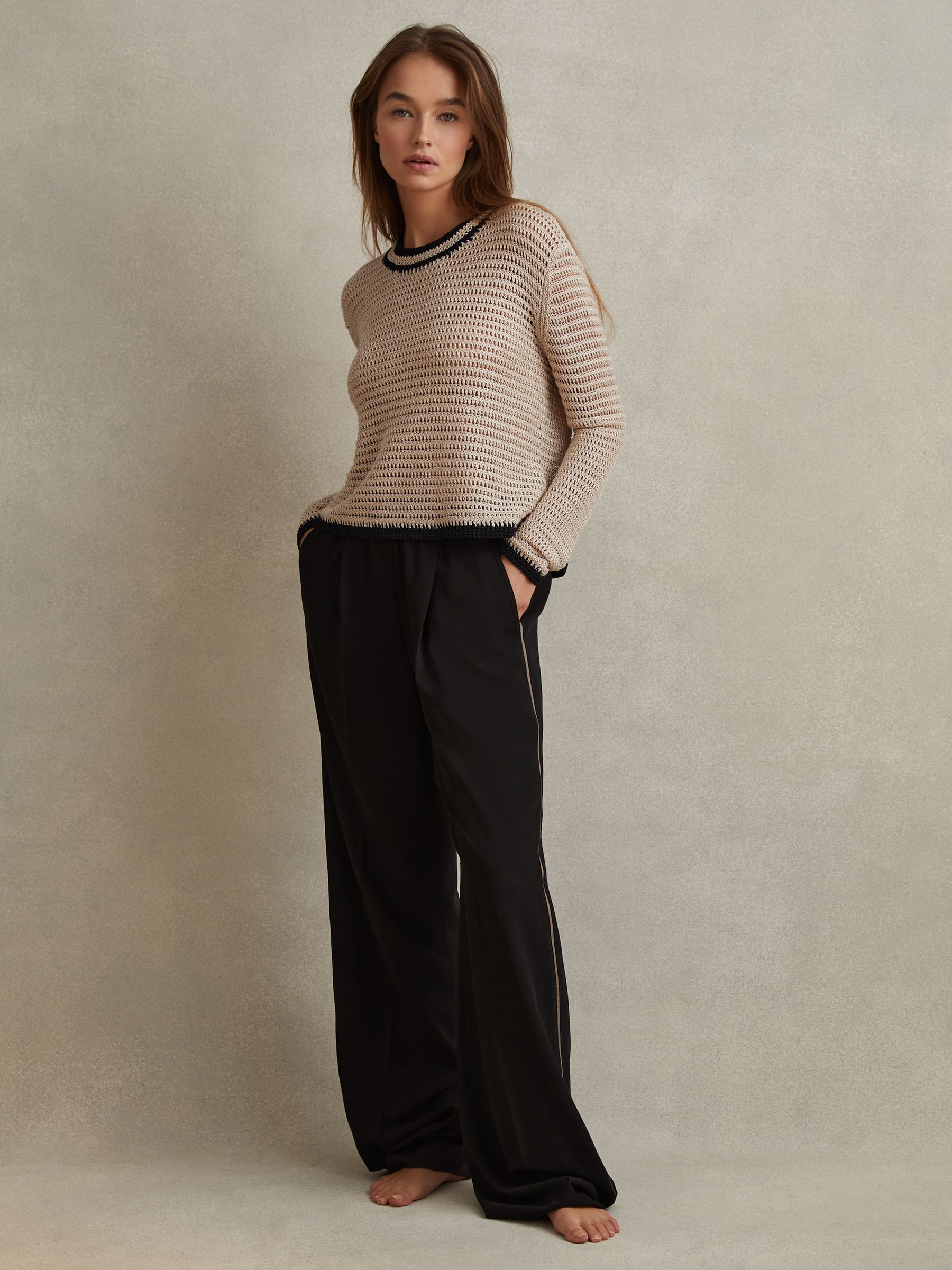 Petite Elasticated Side Stripe Wide Leg Trousers in Black - Image 5 of 8