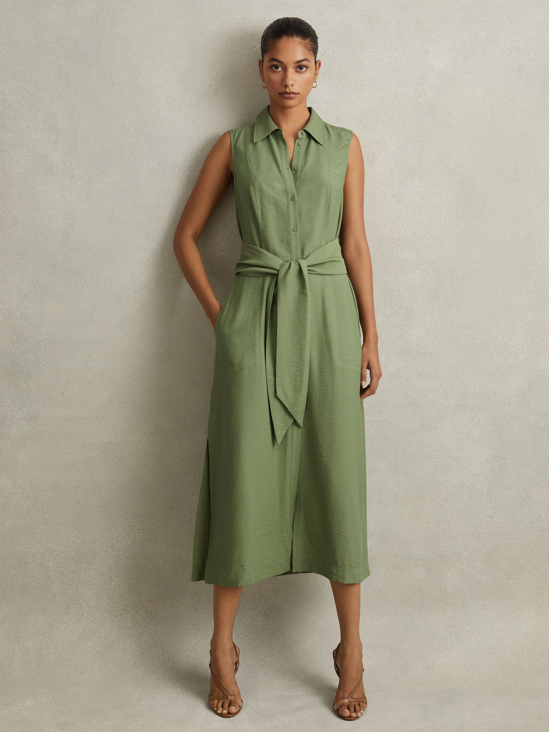 Viscose Blend Belted Shirt Dress in Green - Image 1 of 6