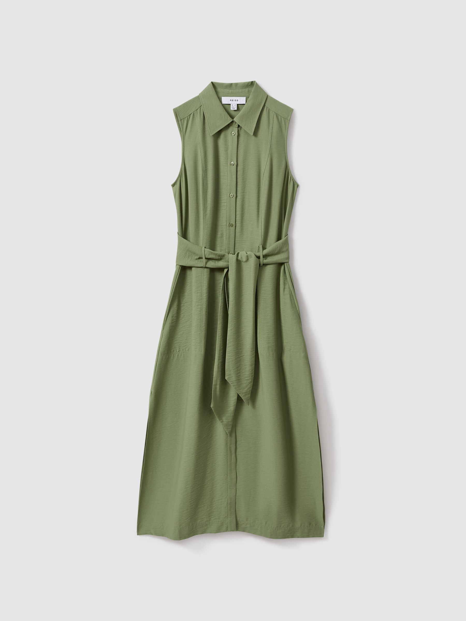 Viscose Blend Belted Shirt Dress in Green - Image 2 of 6