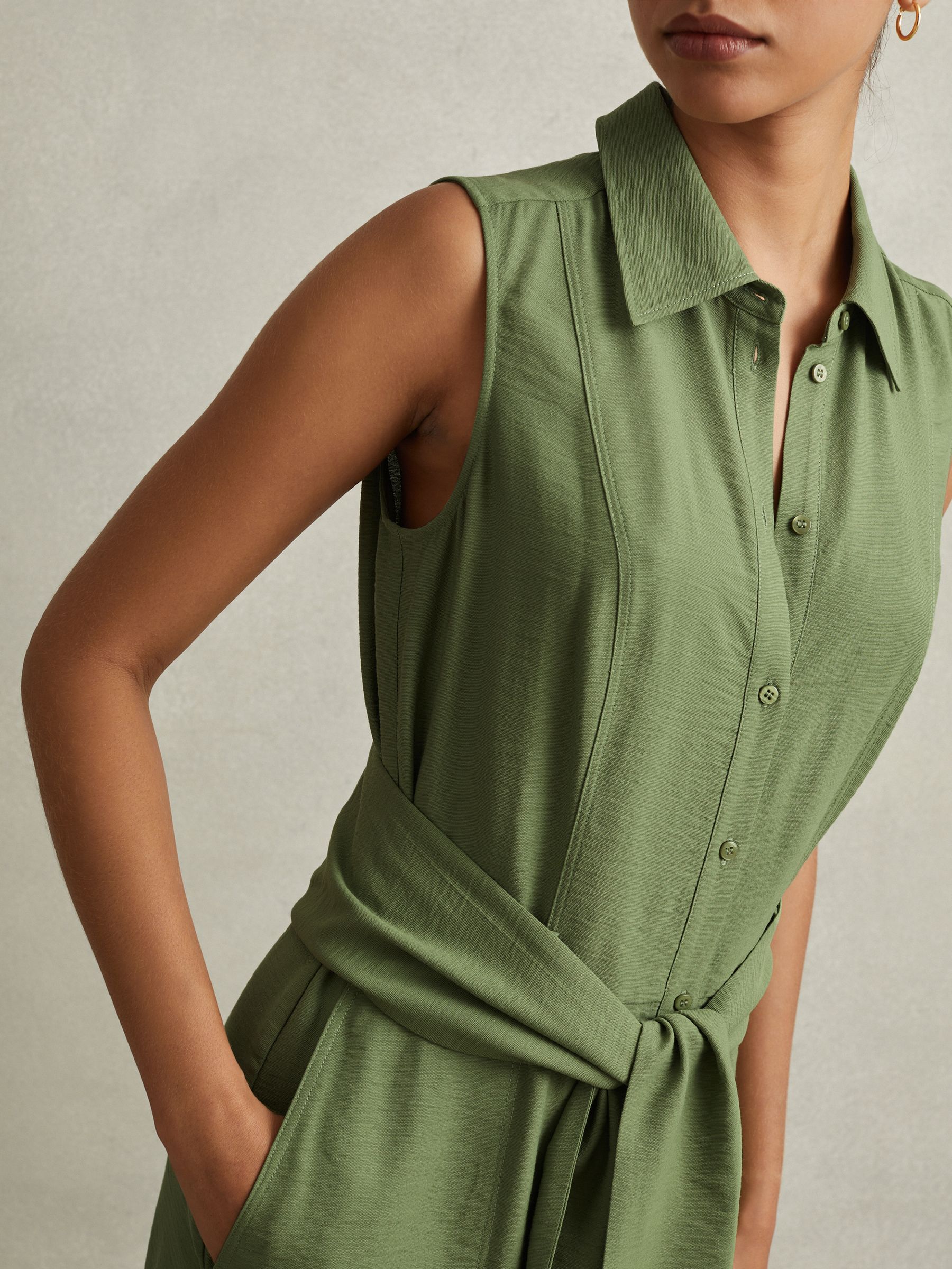 Viscose Blend Belted Shirt Dress in Green - Image 3 of 6