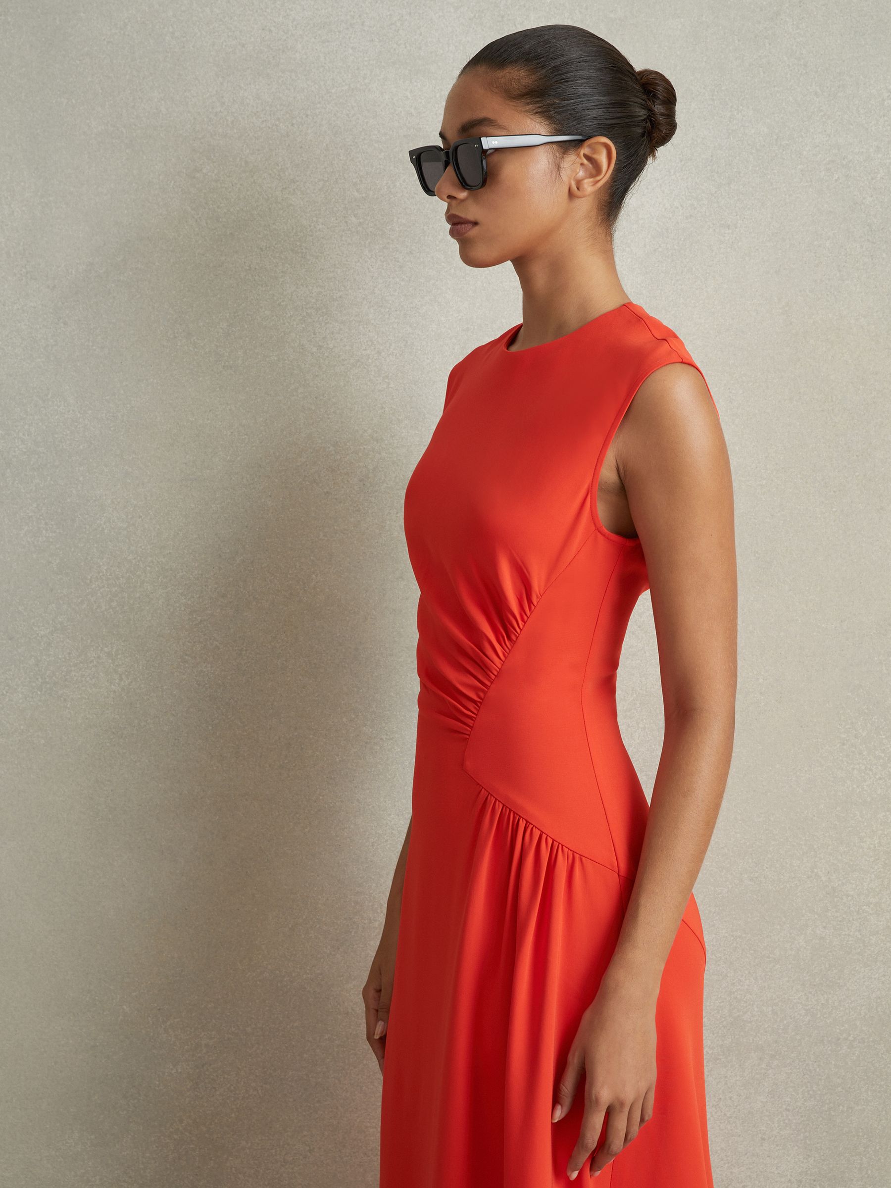 Reiss Ruched Midi Dress In Orange REISS Reiss Ruched Midi Dress In Orange REISS