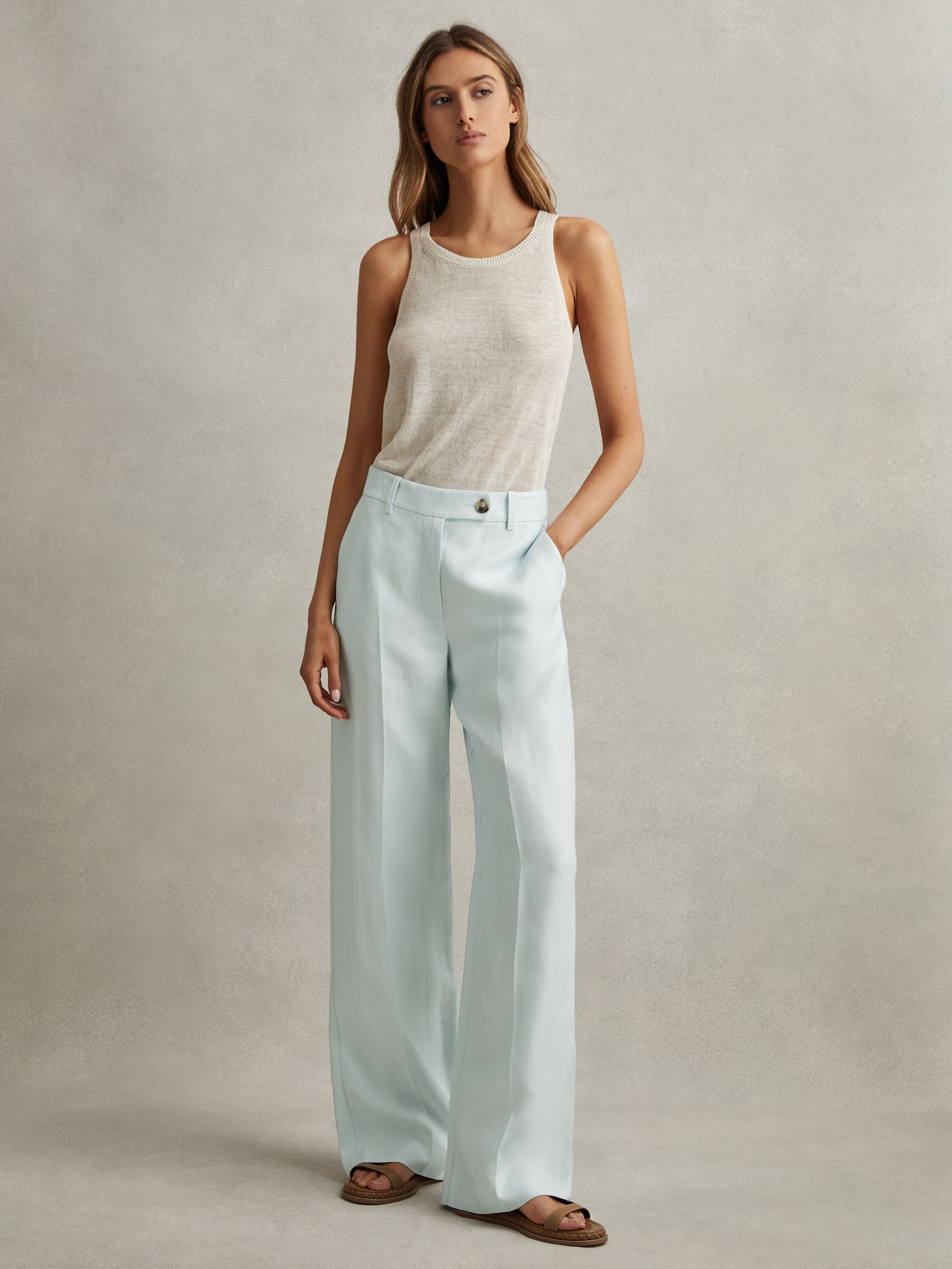 Petite Viscose-Linen Wide Leg Suit Trousers in Blue - Image 4 of 7