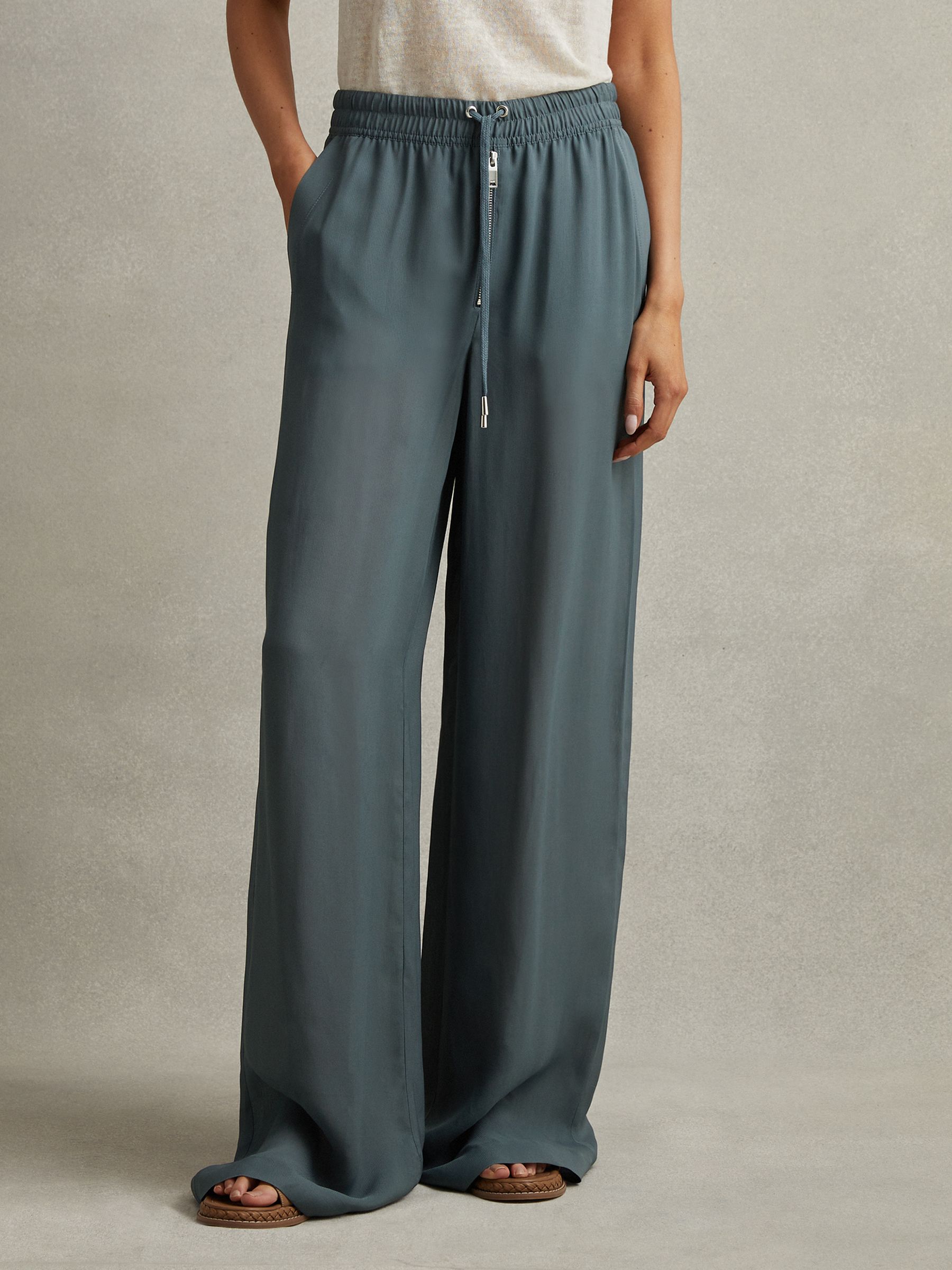Drawstring Zip-Front Wide Leg Trousers in Blue - Image 3 of 6
