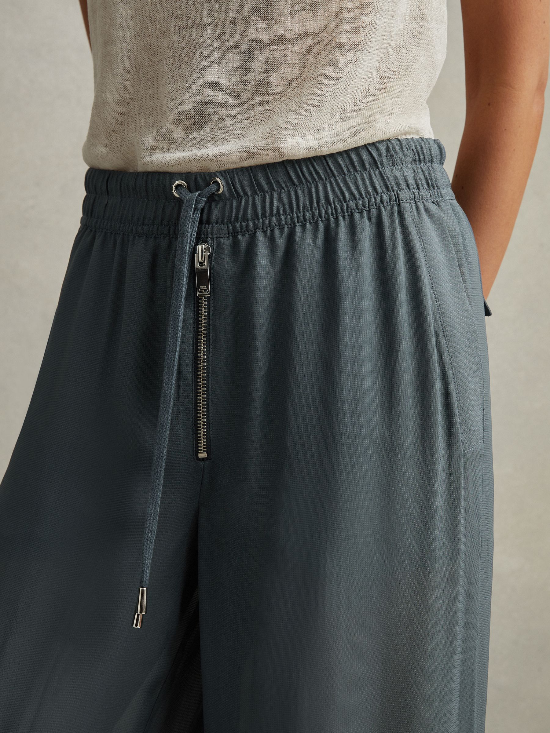 Drawstring Zip-Front Wide Leg Trousers in Blue - Image 4 of 6