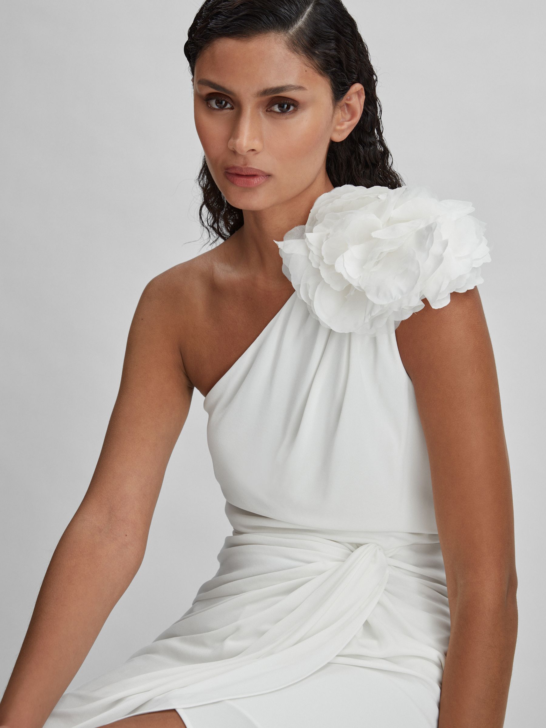 Halston One-Shoulder Ruffle Mini Dress in White - Image 3 of 6