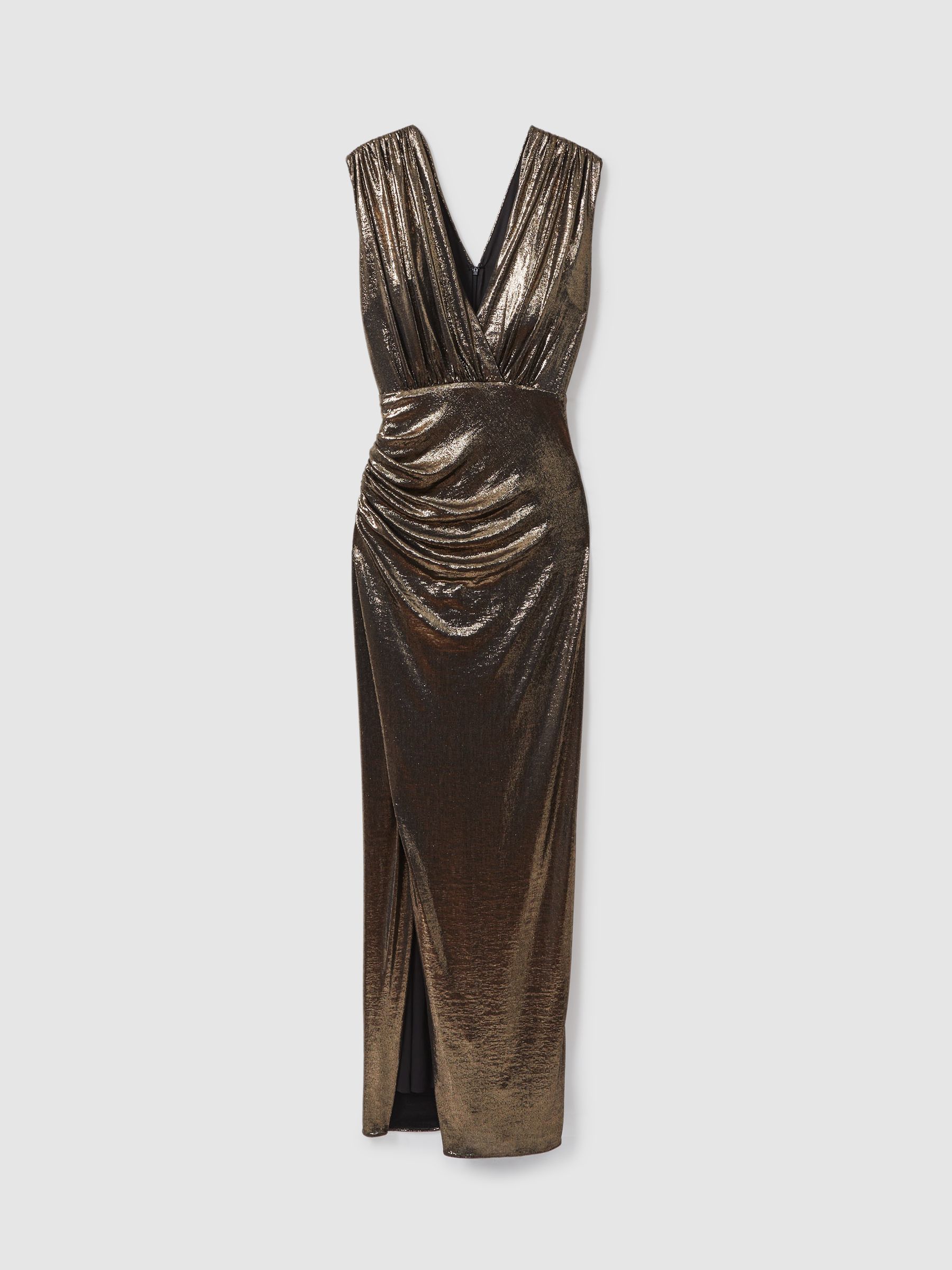 Halston Metallic Ruched Maxi Dress in Gold - Image 2 of 6