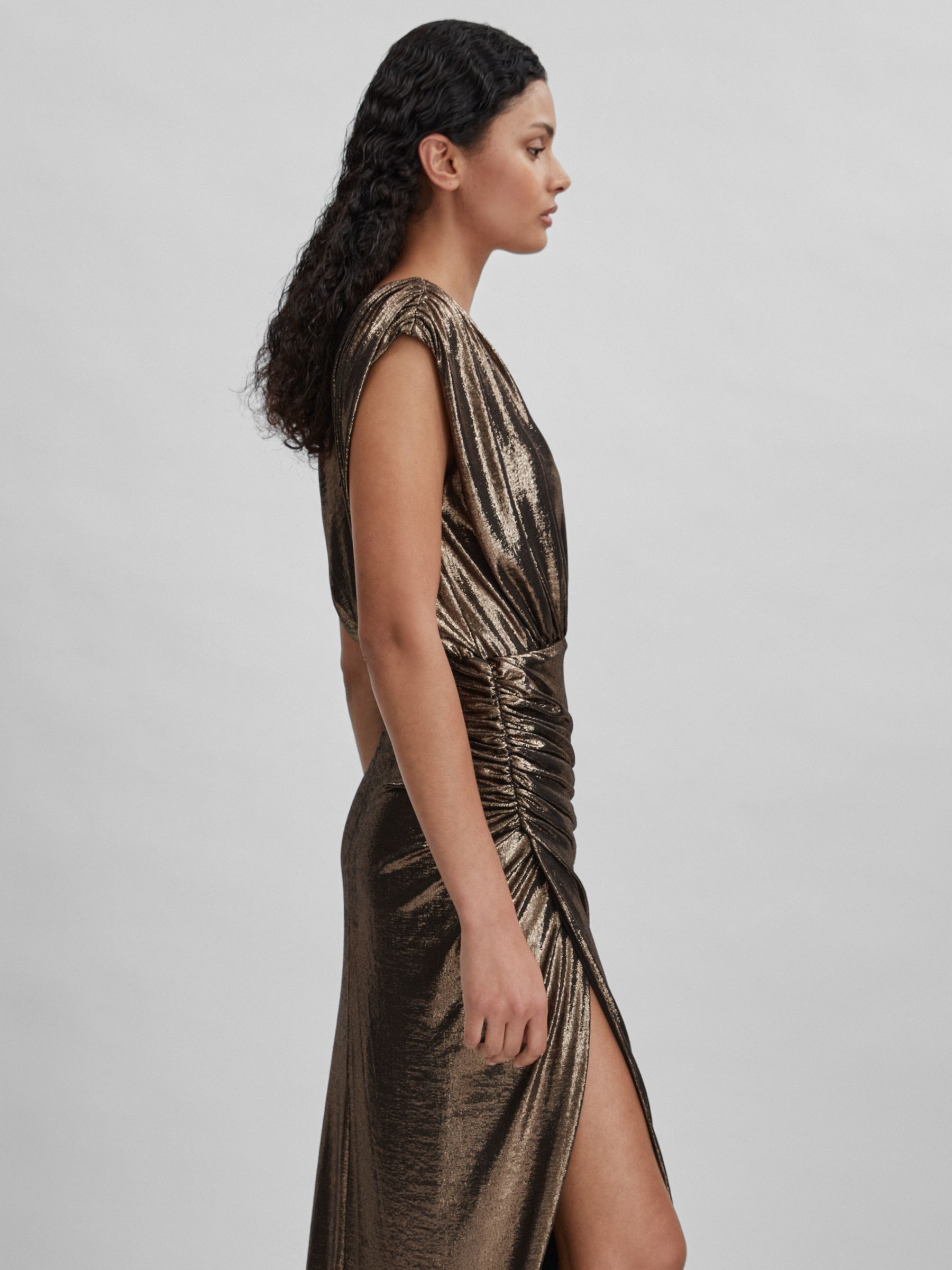 Halston Metallic Ruched Maxi Dress in Gold - Image 4 of 6
