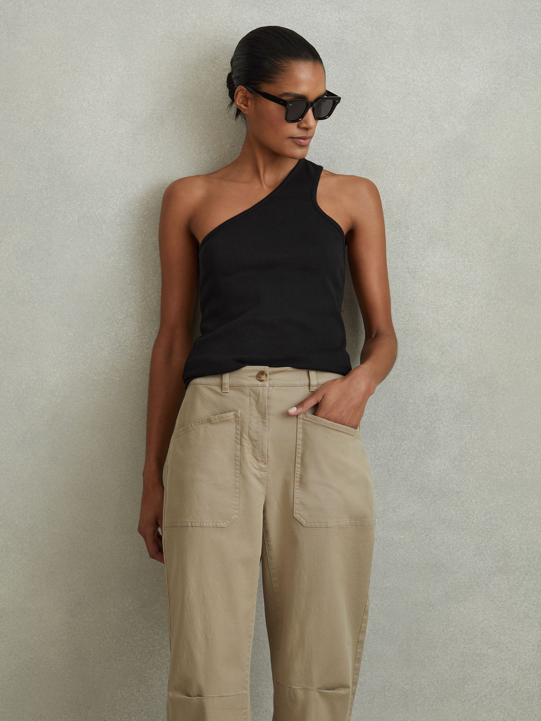 Cotton Blend One-Shoulder Top in Black - Image 3 of 4