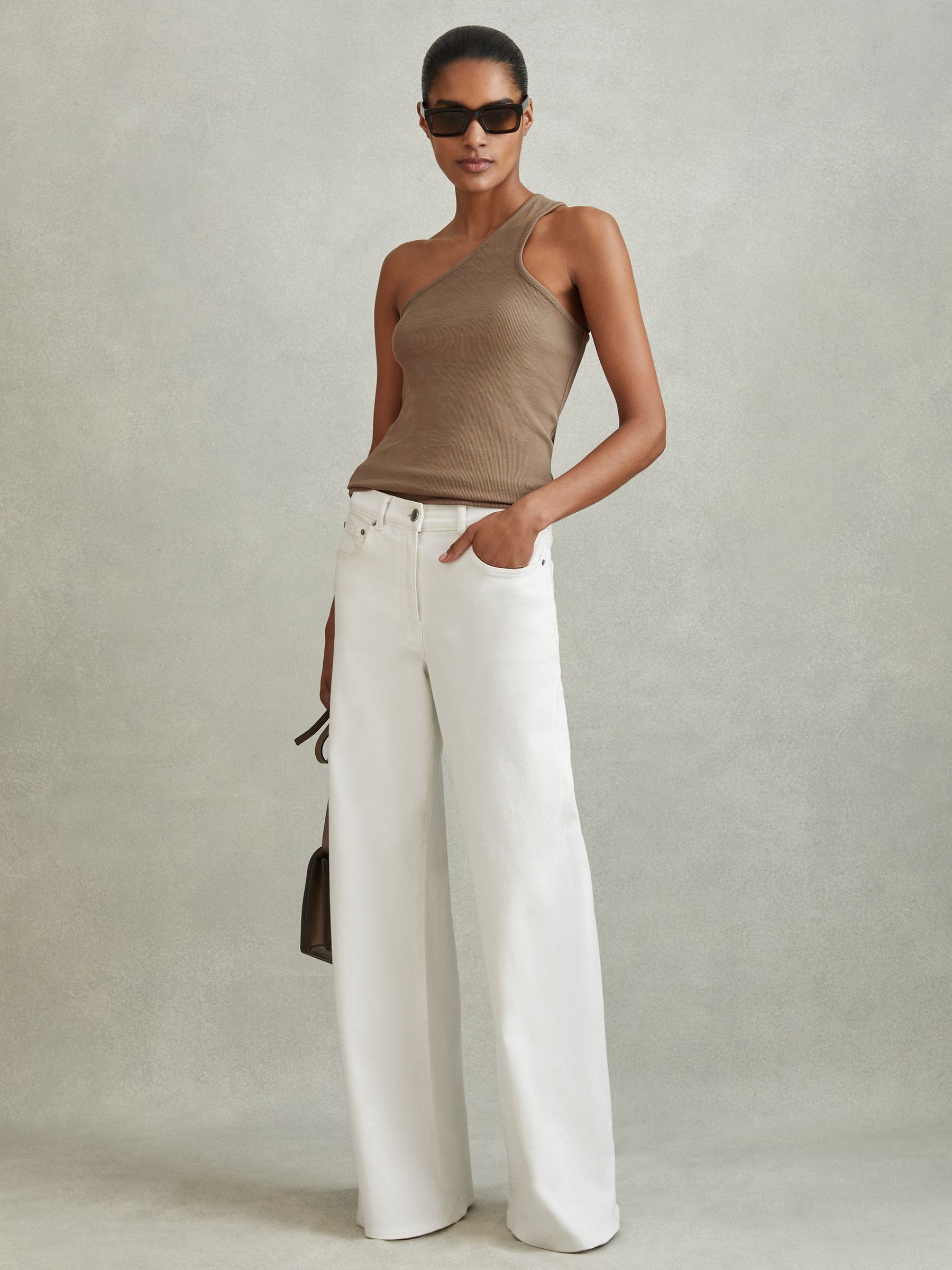 Cotton Blend One-Shoulder Top in Taupe - Image 1 of 4