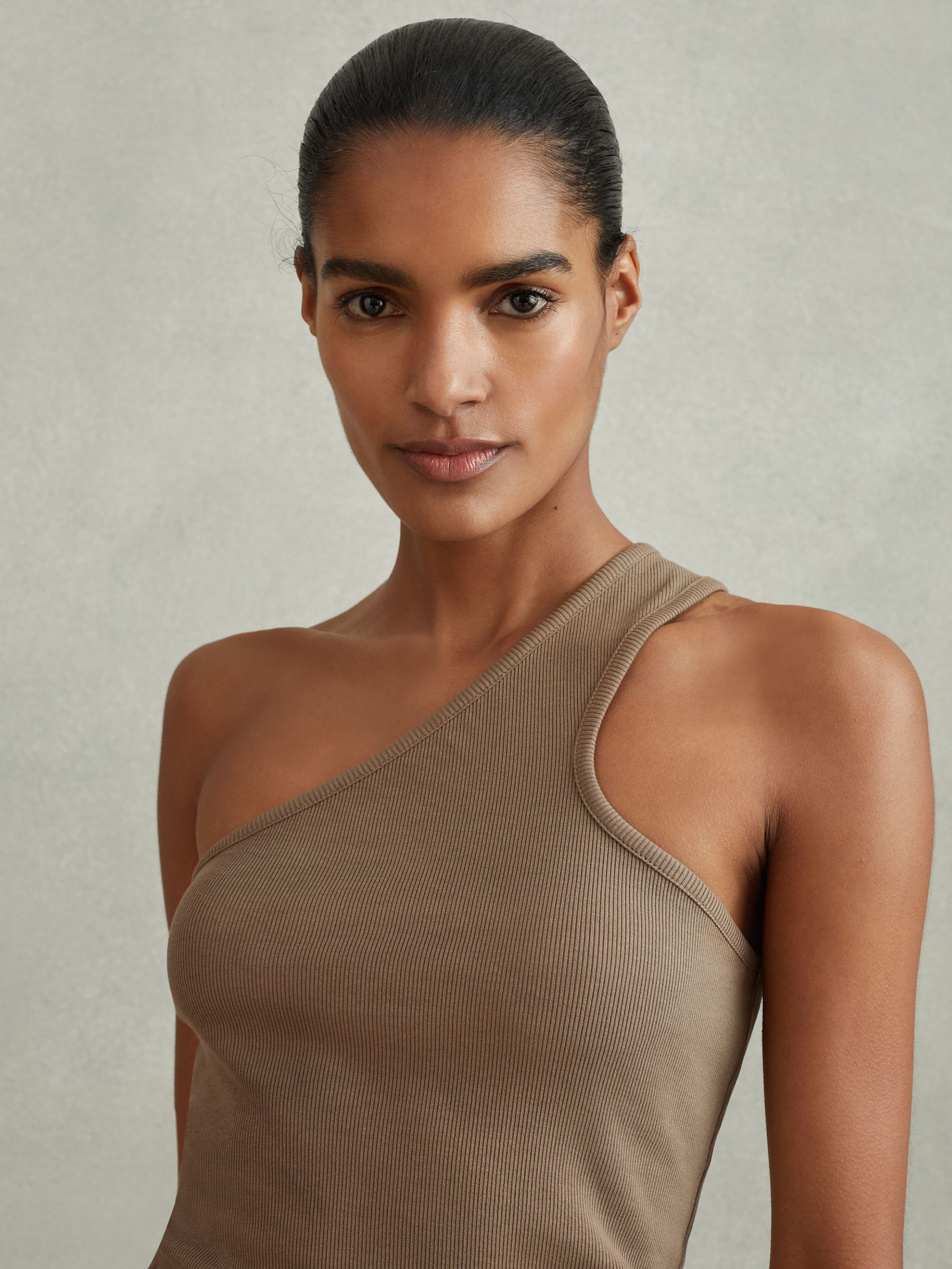 Cotton Blend One-Shoulder Top in Taupe - Image 3 of 4