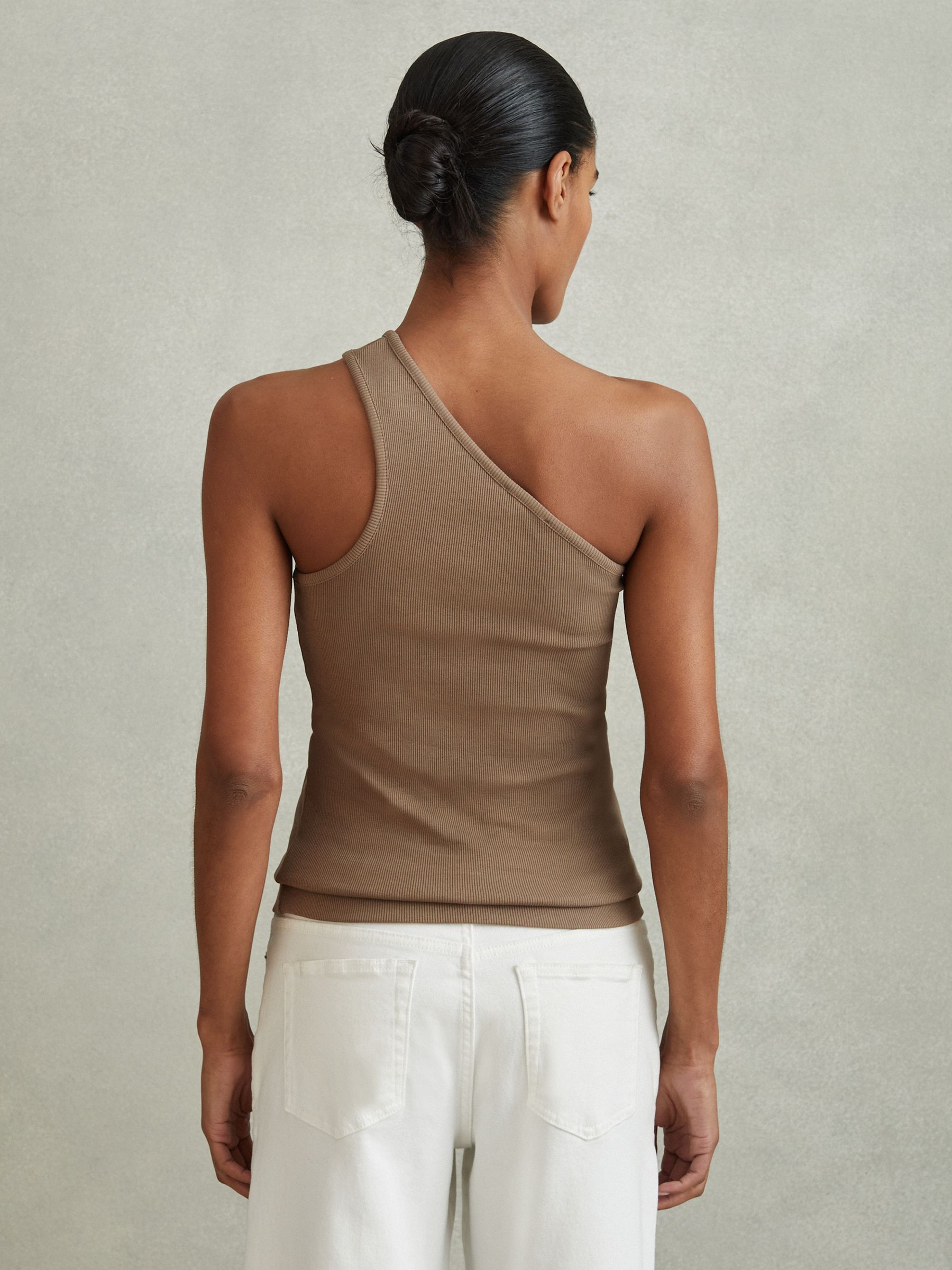 Cotton Blend One-Shoulder Top in Taupe - Image 4 of 4
