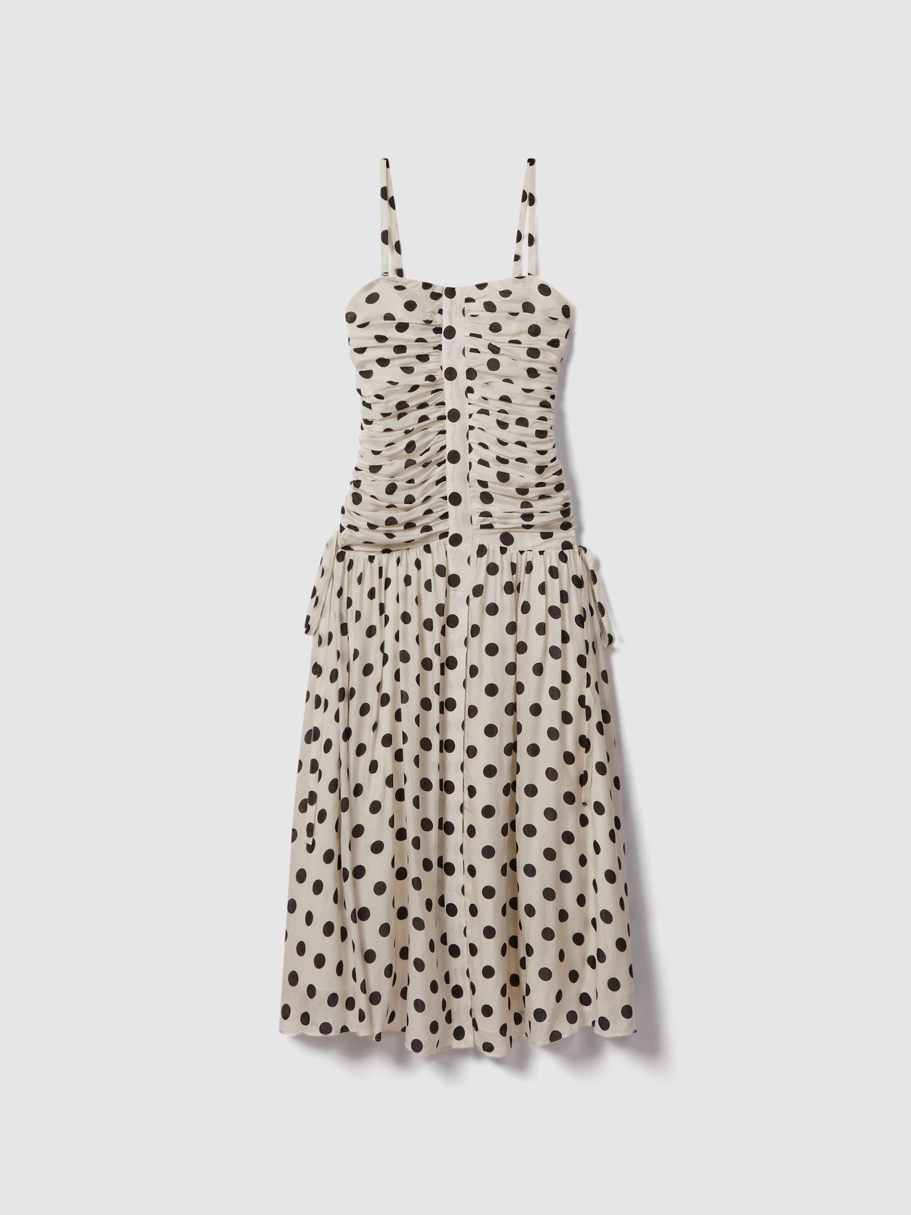 Viscose Linen Polka Dot Ruched Maxi Dress in White/Black - Image 2 of 7