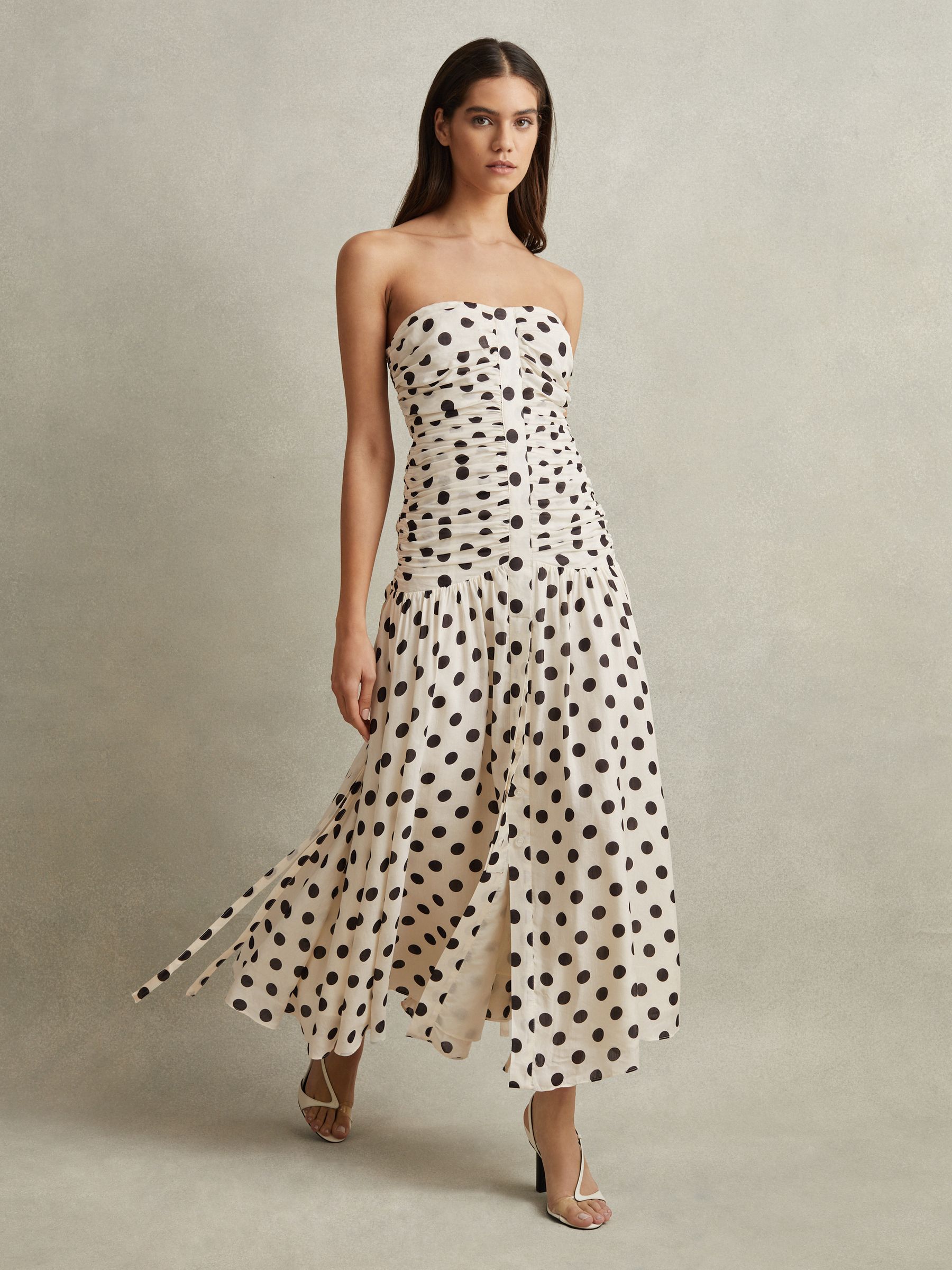 Viscose Linen Polka Dot Ruched Maxi Dress in White/Black - Image 4 of 7