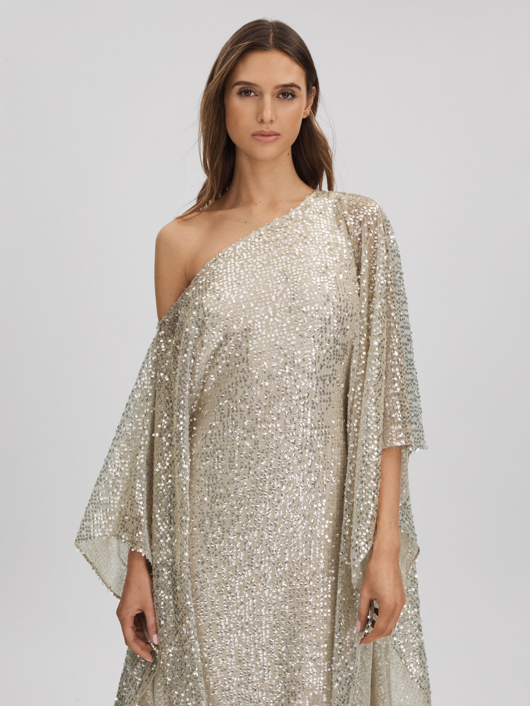 Halston Sequin Off-The-Shoulder Maxi Dress in Champagne - Image 4 of 7