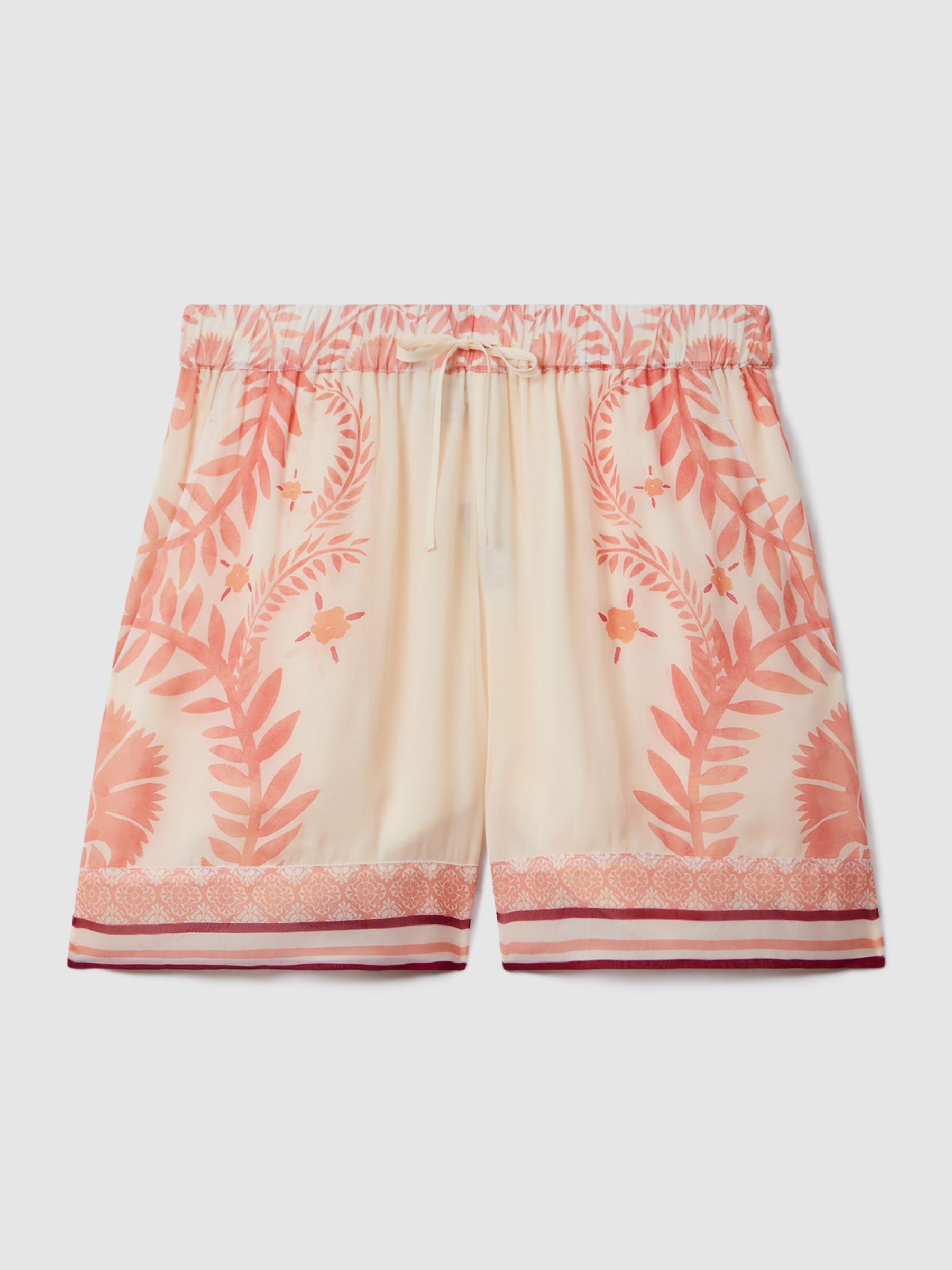 Printed Drawstring Shorts in Cream/Coral - Image 2 of 6