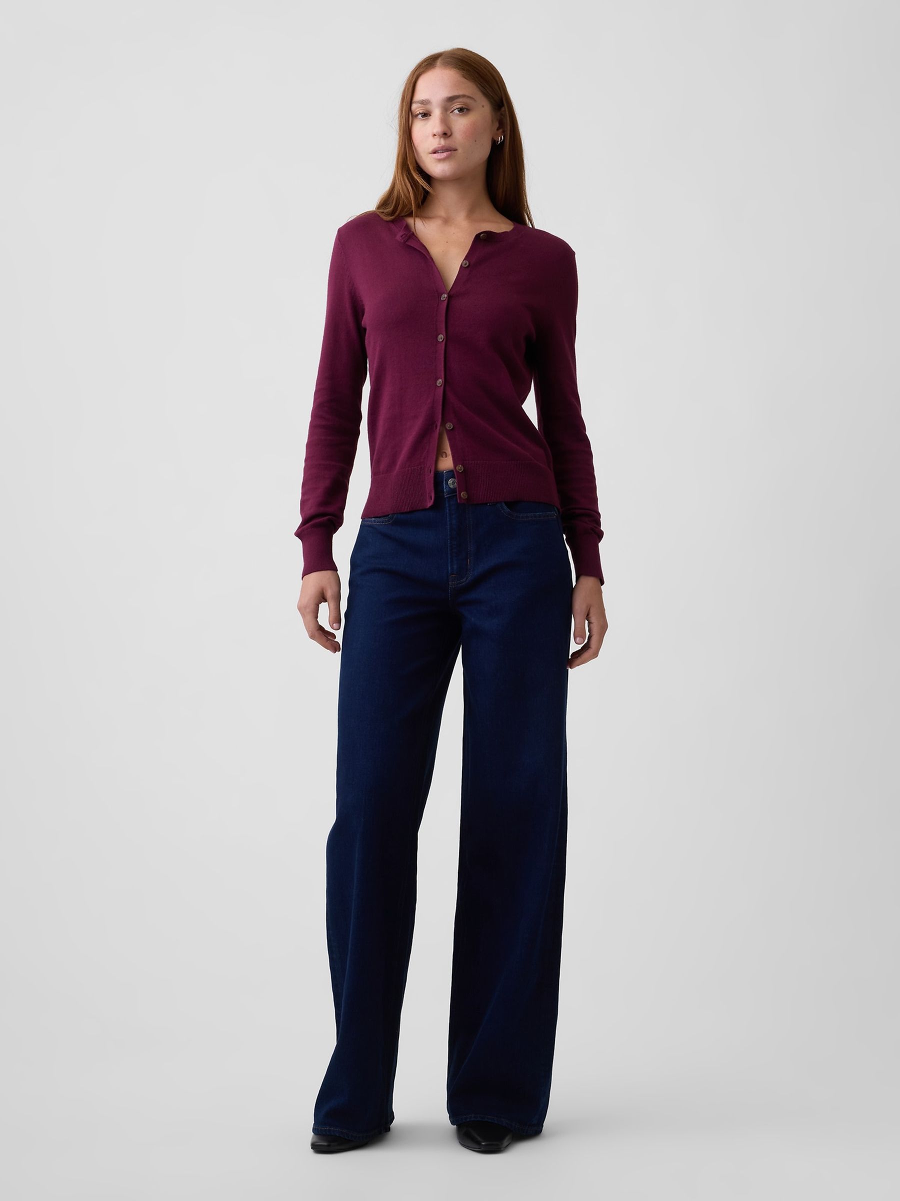 Burgundy Red Crew Neck Cardigan - Image 3 of 5