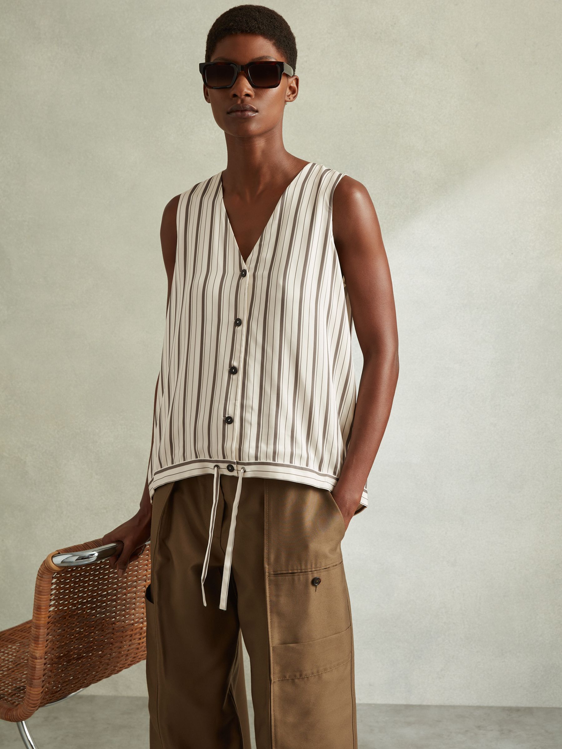Striped Drawstring Hem Waistcoat in Ivory/Grey - Image 4 of 6