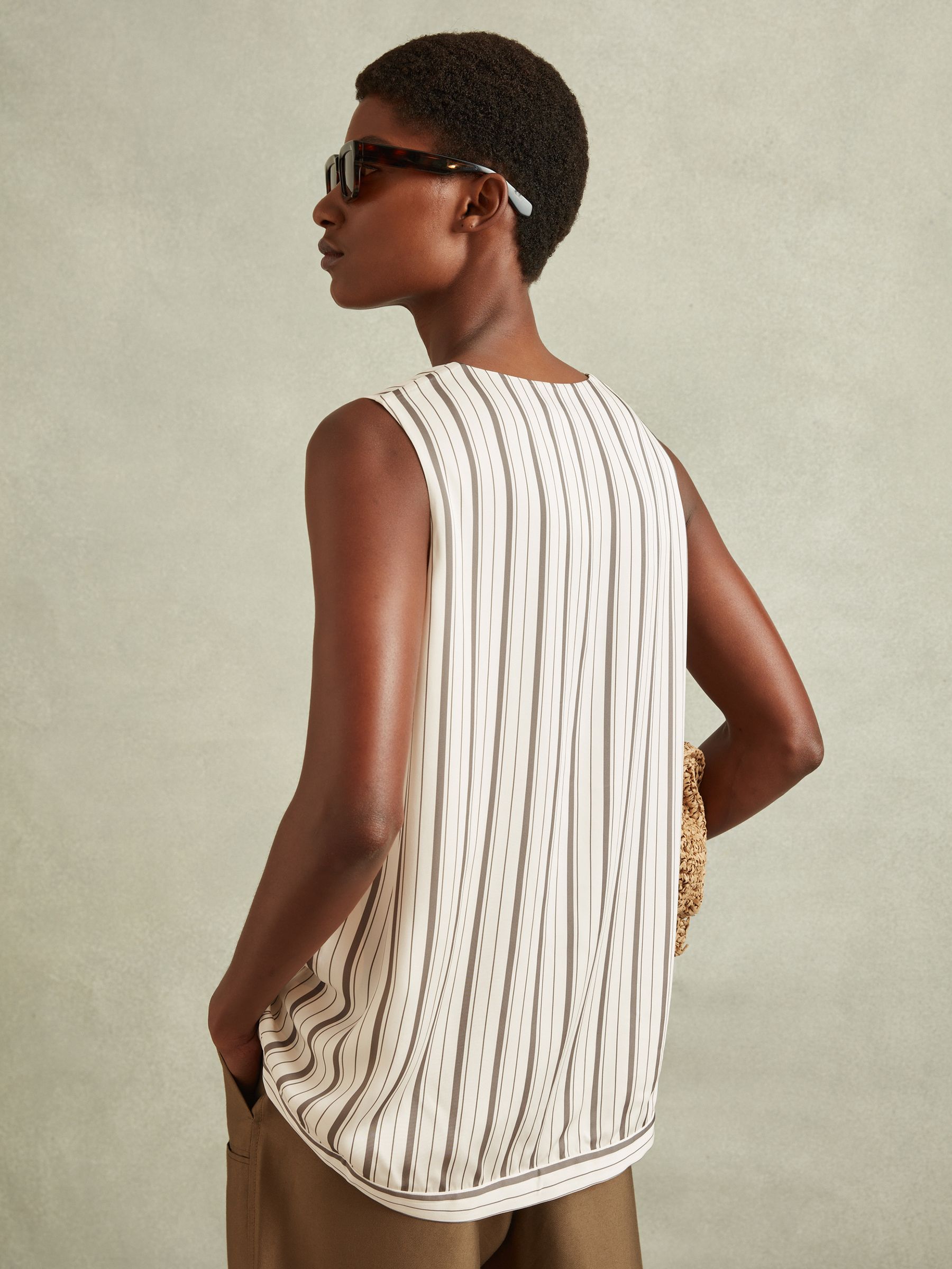 Striped Drawstring Hem Waistcoat in Ivory/Grey - Image 5 of 6