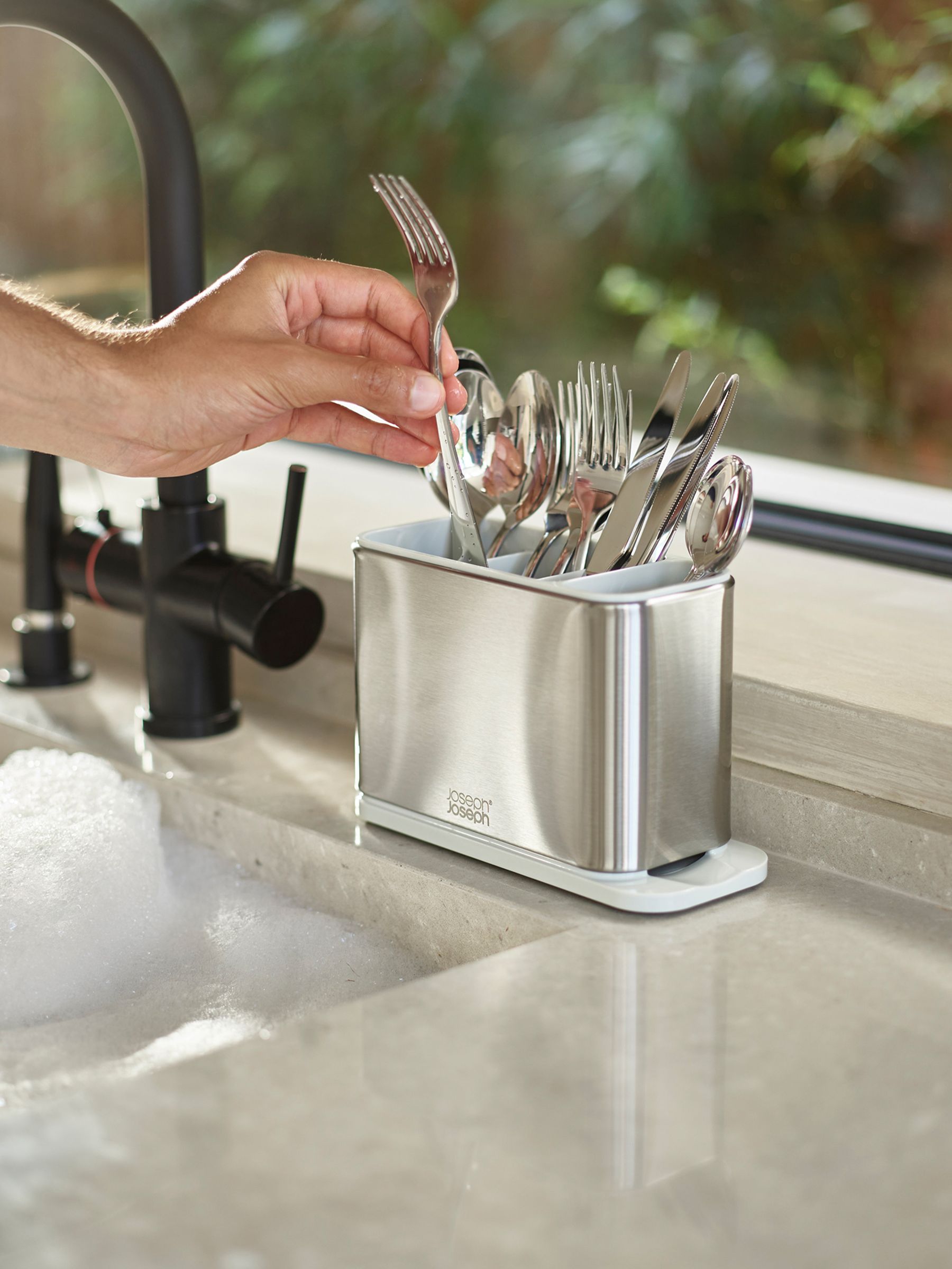 Joseph Joseph Light Stone Surface Stainless-Steel Cutlery Drainer - Image 1 of 4 Joseph Joseph Light Stone Surface Stainless-Steel Cutlery Drainer - Image 1 of 4