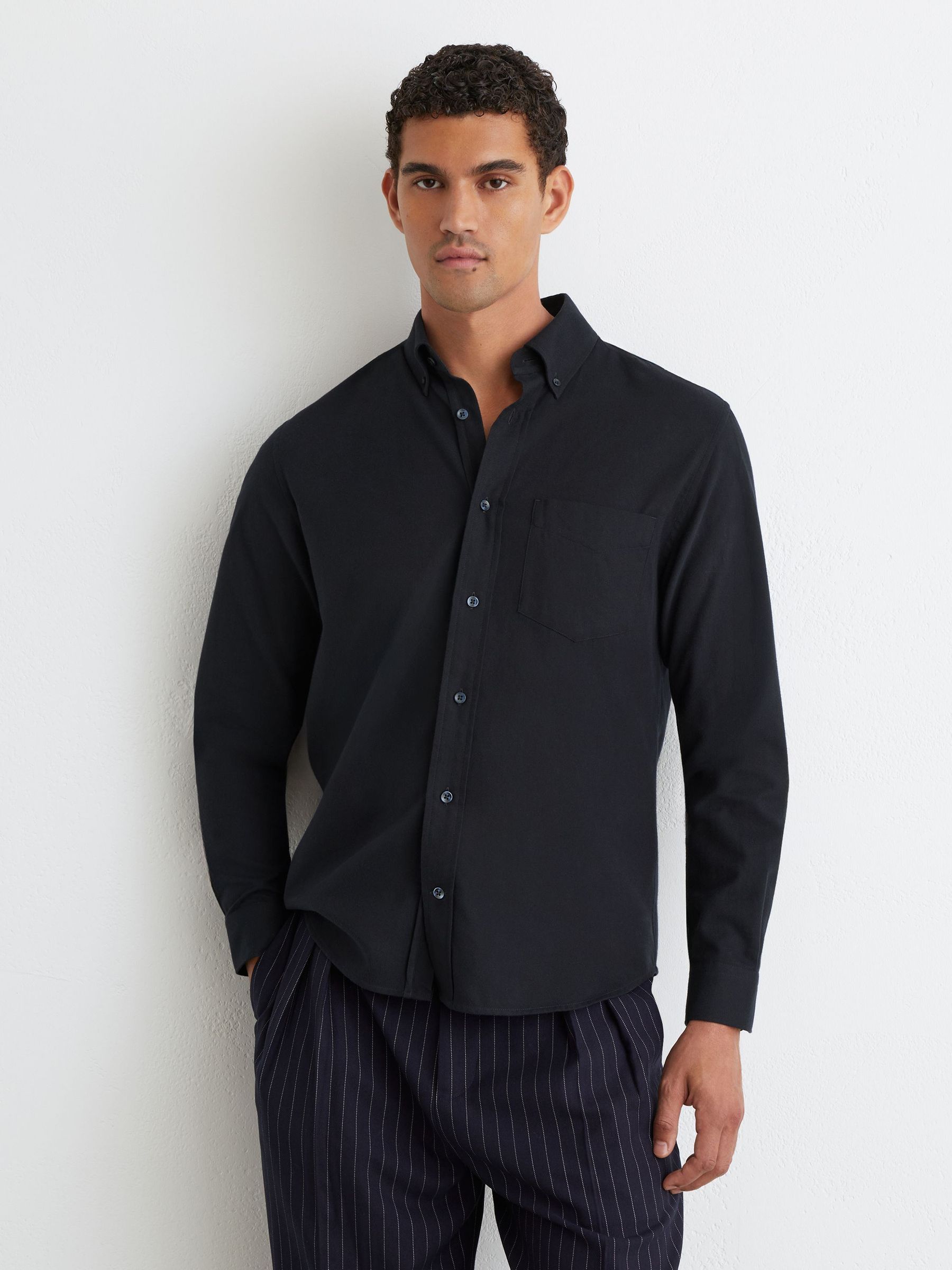 Cotton Flannel Button-Down Shirt Regular-Fit in Navy - Image 1 of 6 Cotton Flannel Button-Down Shirt Regular-Fit in Navy - Image 1 of 6