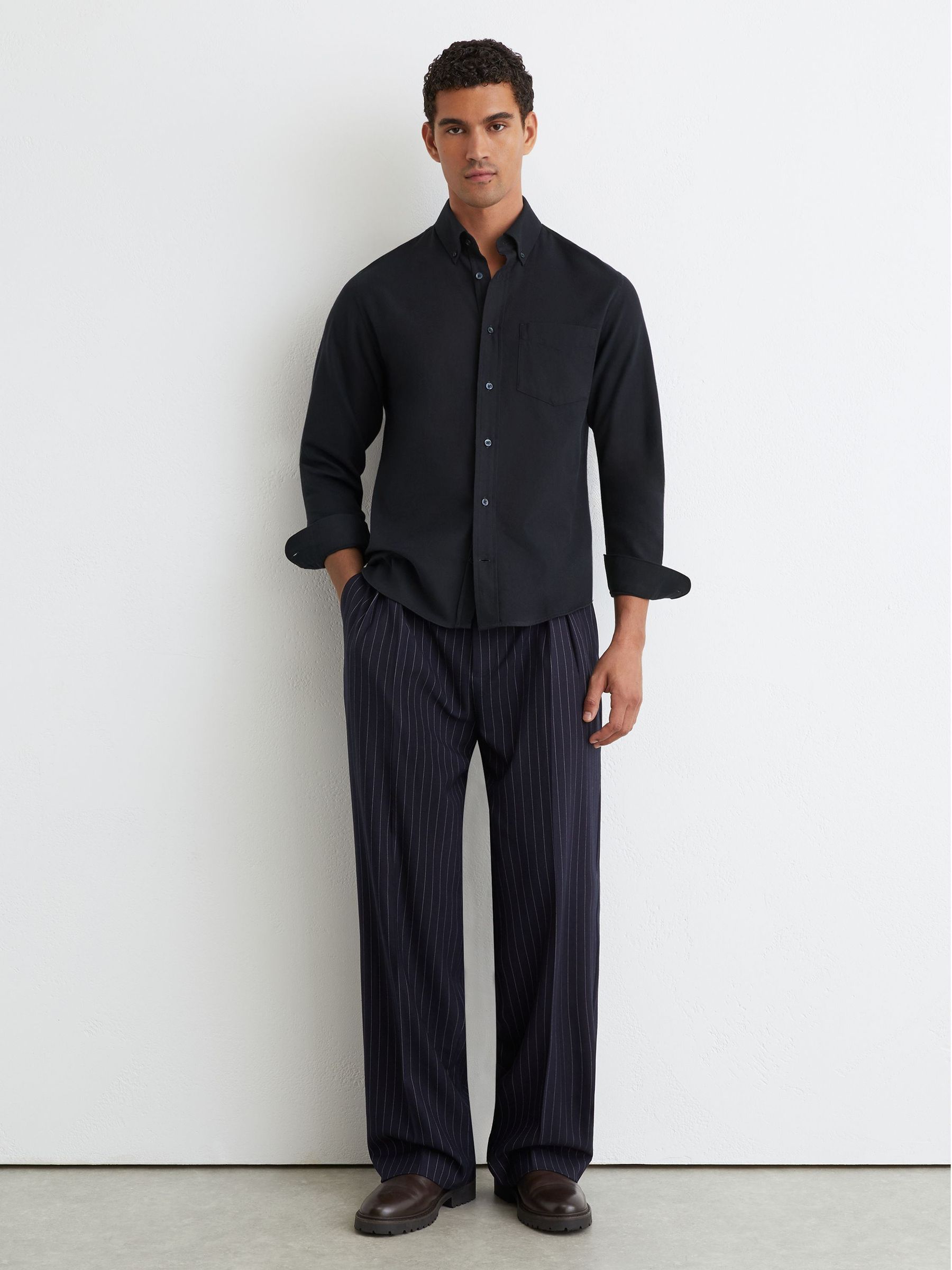 Cotton Flannel Button-Down Shirt Regular-Fit in Navy - Image 3 of 6