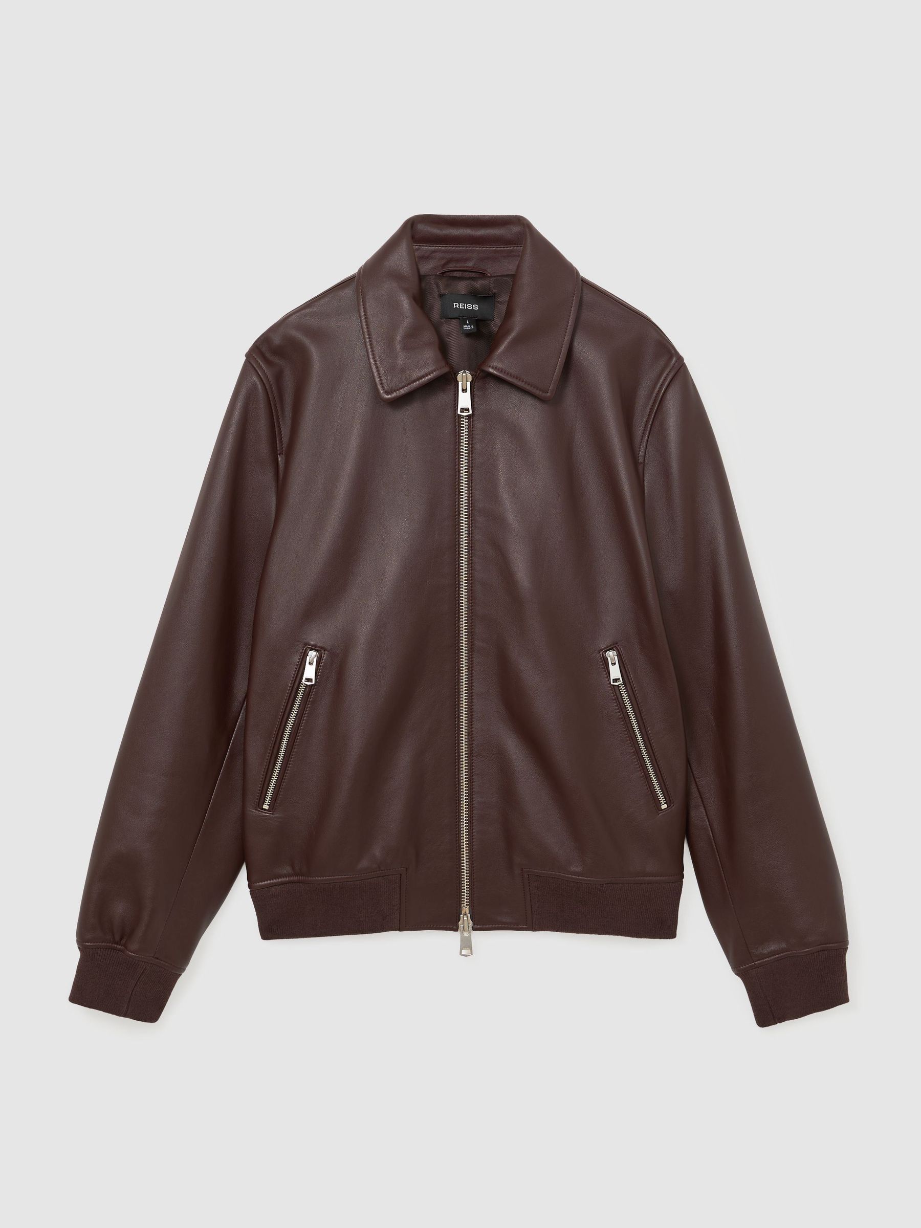 Leather Zip-Through Collared Bomber Jacket in Bordeaux - Image 2 of 9