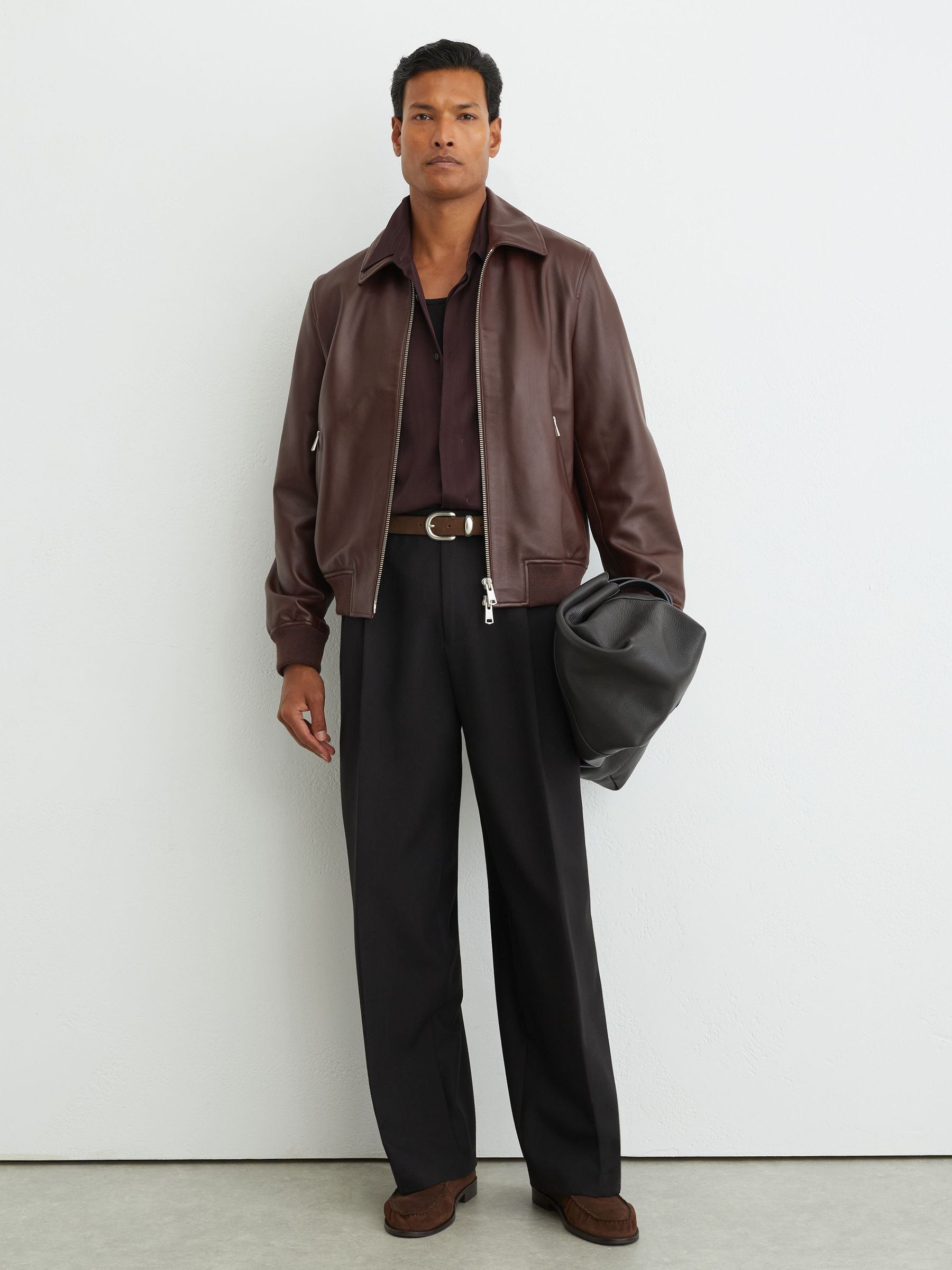 Leather Zip-Through Collared Bomber Jacket in Bordeaux - Image 3 of 9