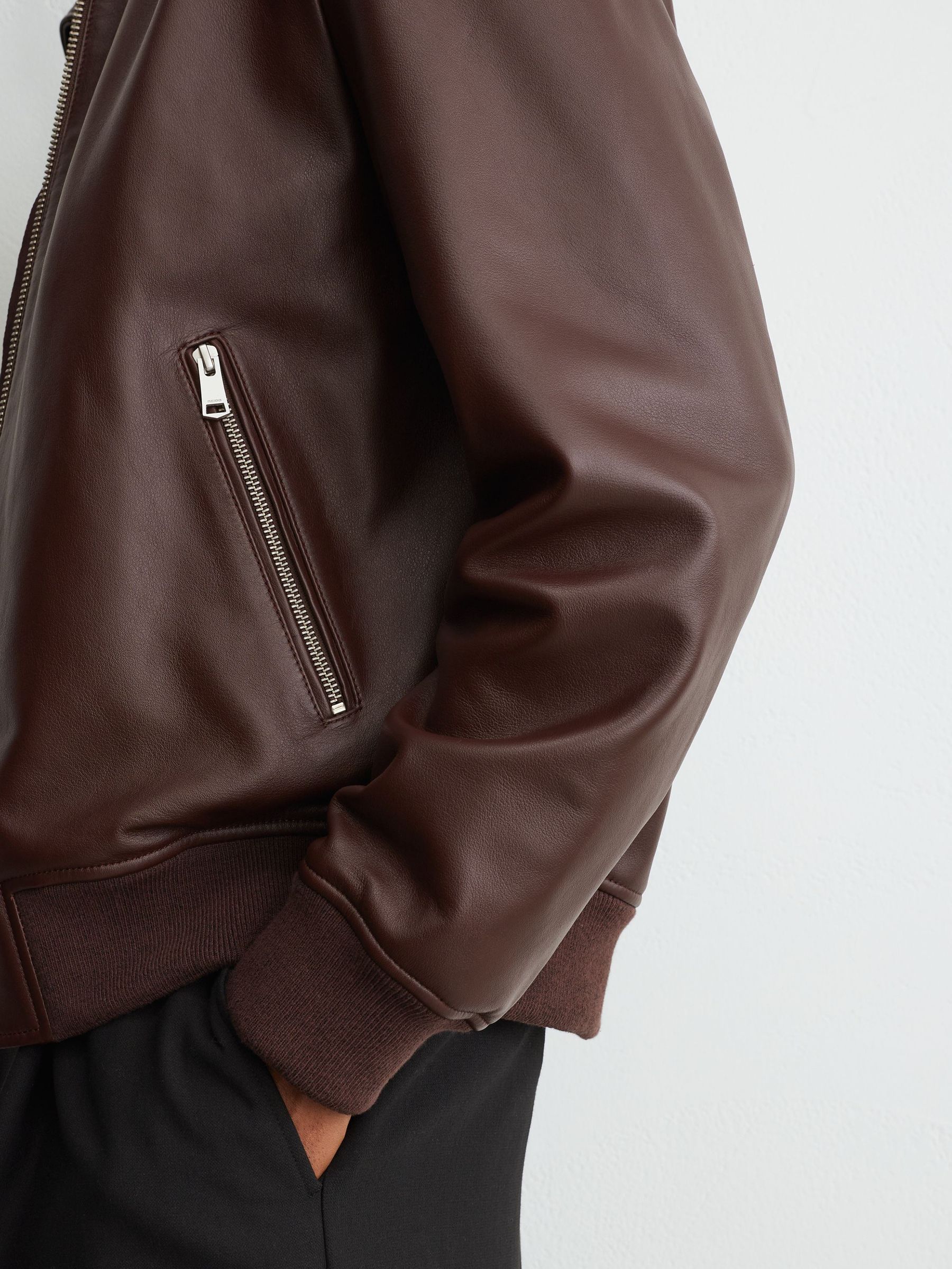 Leather Zip-Through Collared Bomber Jacket in Bordeaux - Image 4 of 9