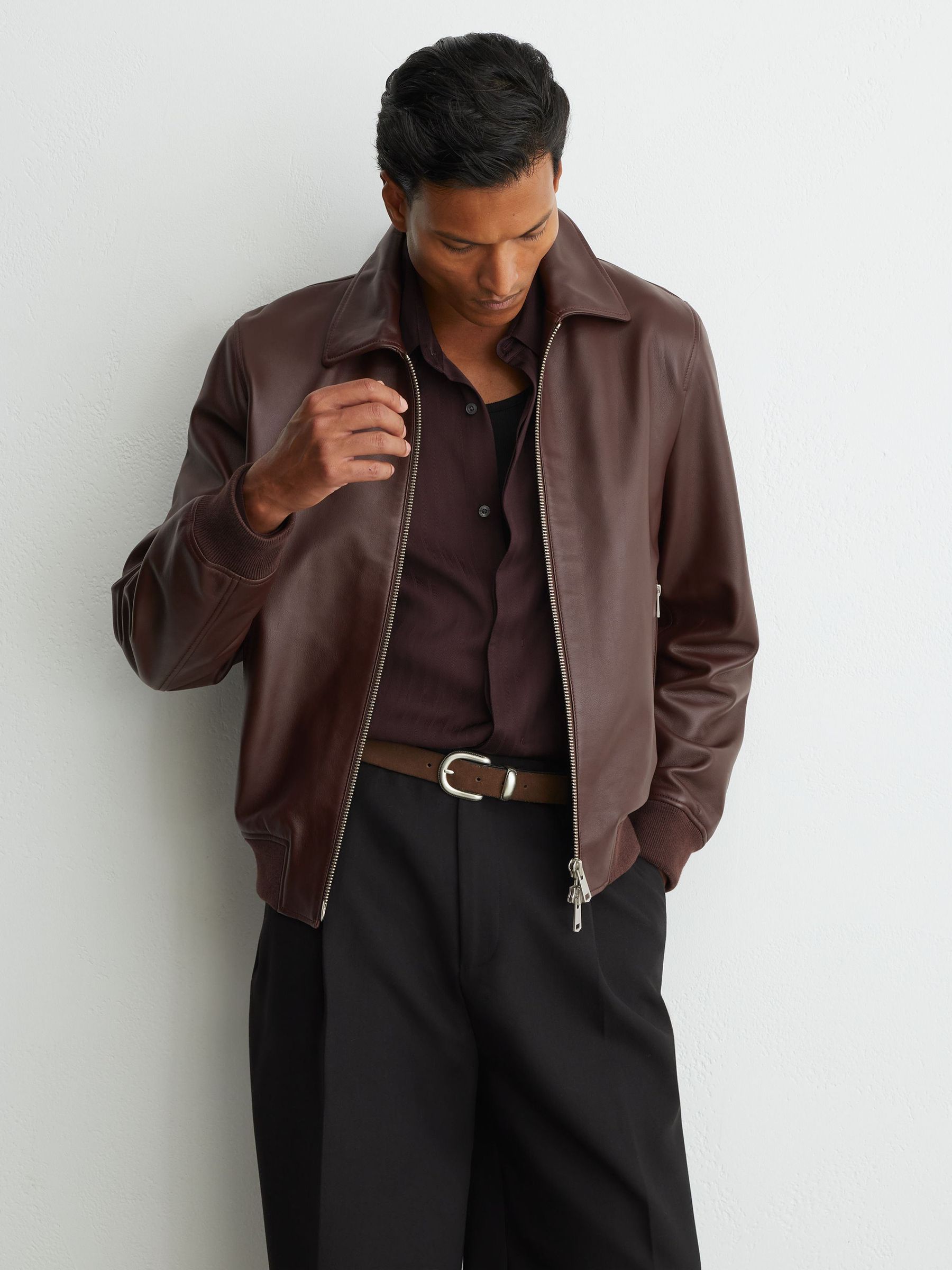 Leather Zip-Through Collared Bomber Jacket in Bordeaux - Image 5 of 9